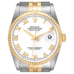 Rolex Datejust Steel Yellow Gold White Roman Dial Mens Watch 16233 Box Papers