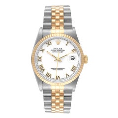Rolex Datejust Steel Yellow Gold White Roman Dial Mens Watch 16233