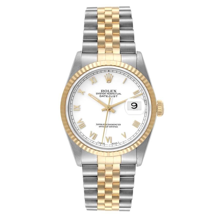 Rolex Datejust Steel Yellow Gold White Roman Dial Mens Watch 16233. Officially certified chronometer automatic self-winding movement. Stainless steel case 36 mm in diameter.  Rolex logo on an 18K yellow gold crown. 18k yellow gold fluted bezel.