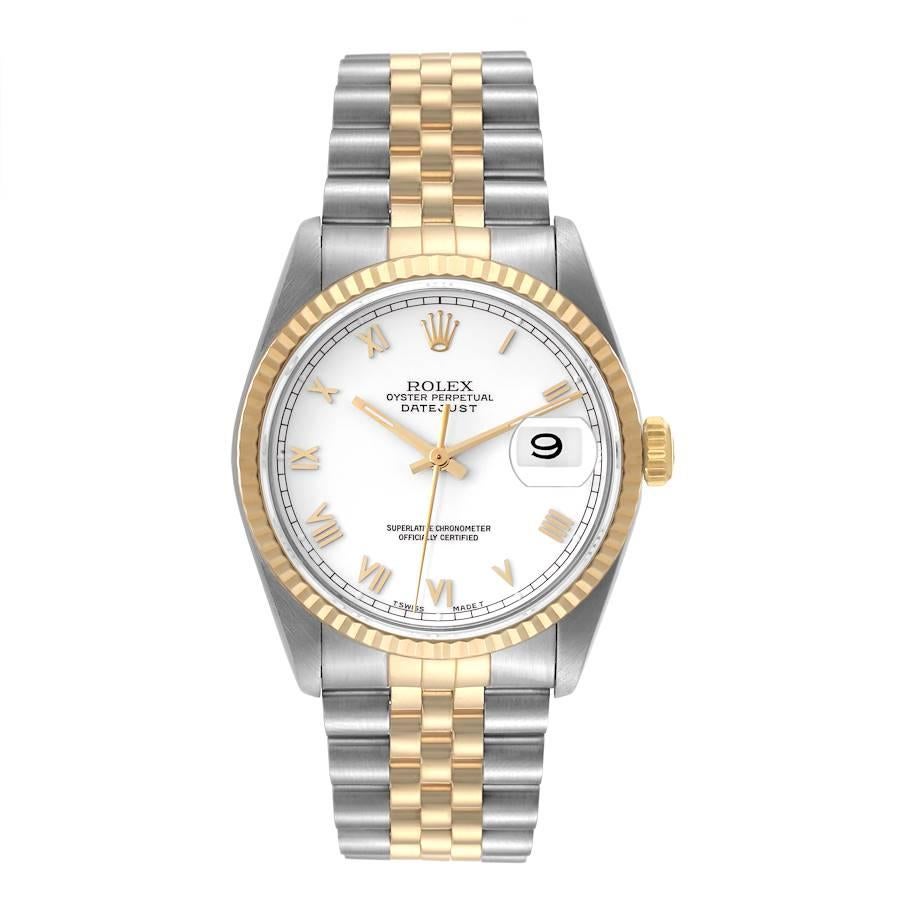 Rolex Datejust Steel Yellow Gold White Roman Dial Mens Watch 16233. Officially certified chronometer automatic self-winding movement. Stainless steel case 36 mm in diameter.  Rolex logo on an 18K yellow gold crown. 18k yellow gold fluted bezel.