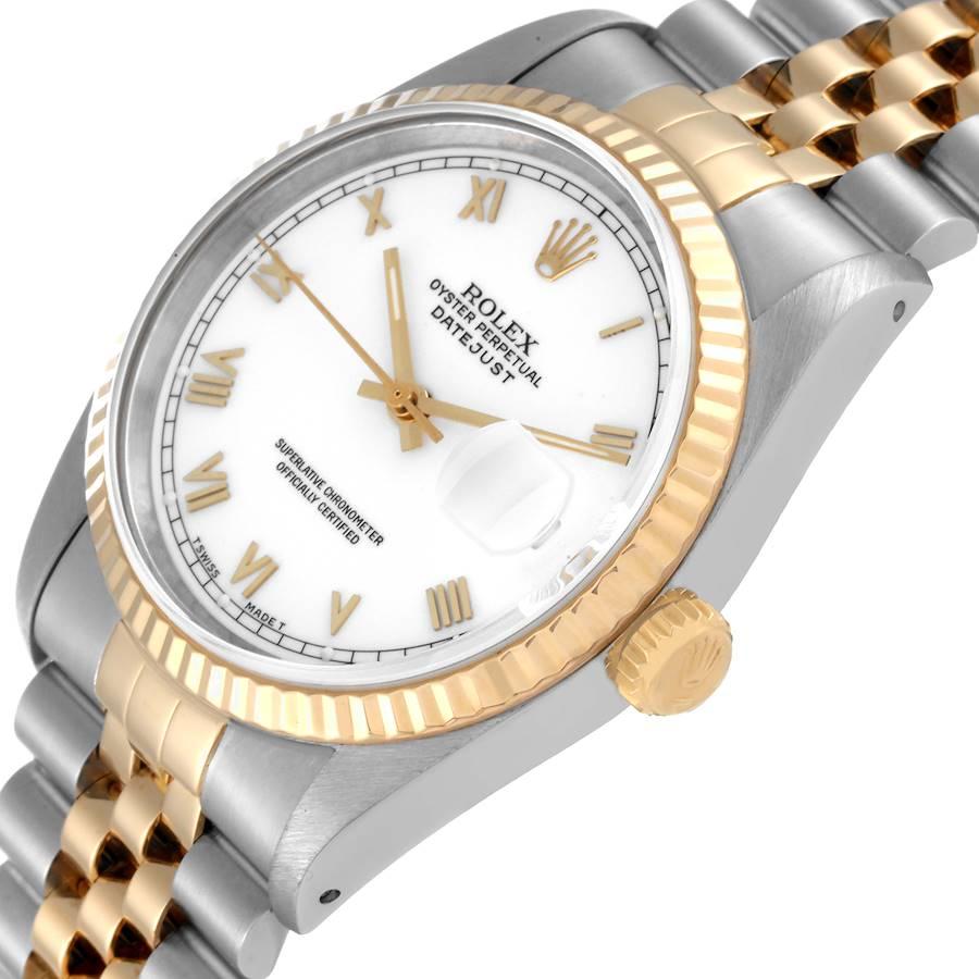 Rolex Datejust Steel Yellow Gold White Roman Dial Mens Watch 16233 In Excellent Condition In Atlanta, GA