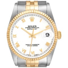 Rolex Datejust Steel Yellow Gold White Roman Dial Mens Watch 16233