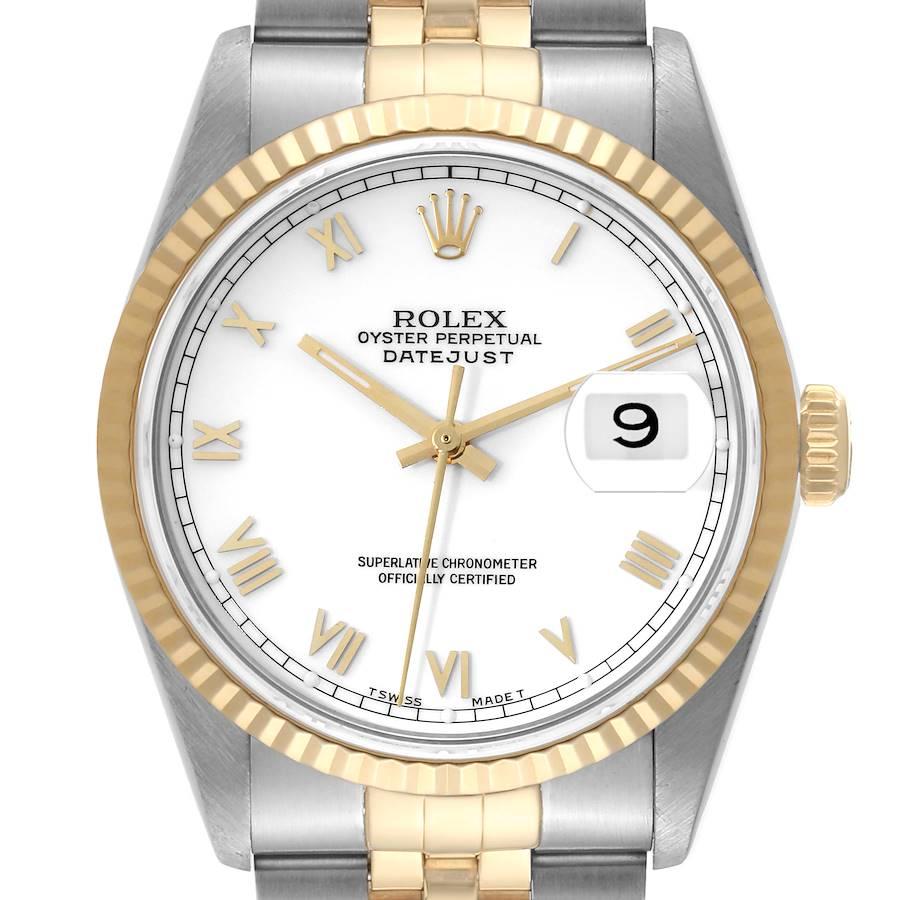 Rolex Datejust Steel Yellow Gold White Roman Dial Mens Watch 16233