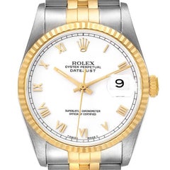 Rolex Datejust Steel Yellow Gold White Roman Dial Mens Watch 16233