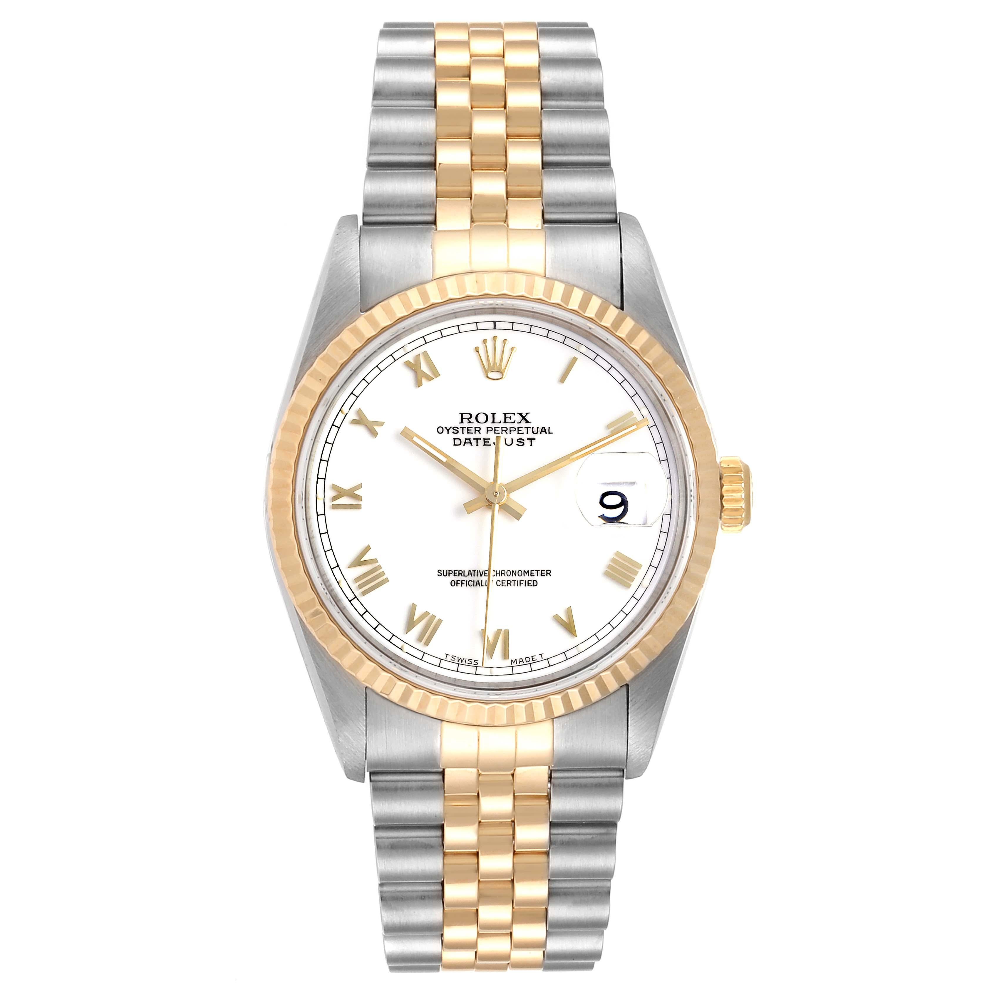 Rolex Datejust Steel Yellow Gold White Roman Dial Mens Watch 16233 Papers. Officially certified chronometer self-winding movement. Stainless steel case 36 mm in diameter. Rolex logo on a 18K yellow gold crown. 18k yellow gold fluted bezel. Scratch