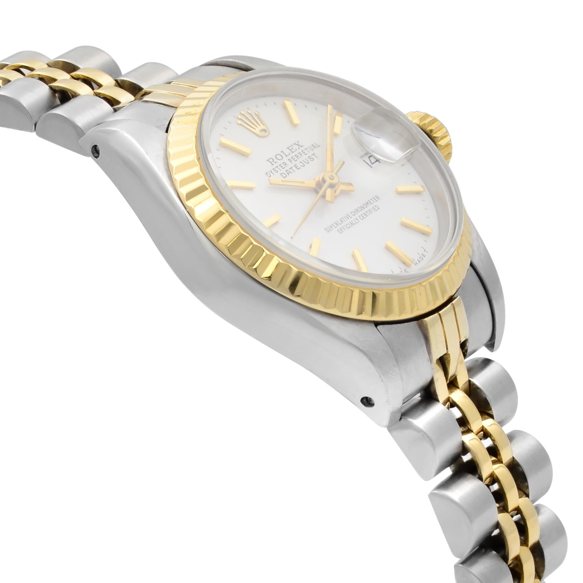 Rolex Datejust Steel Yellow Gold White Sticks Dial Automatic Ladies Watch 69173 In Excellent Condition In New York, NY