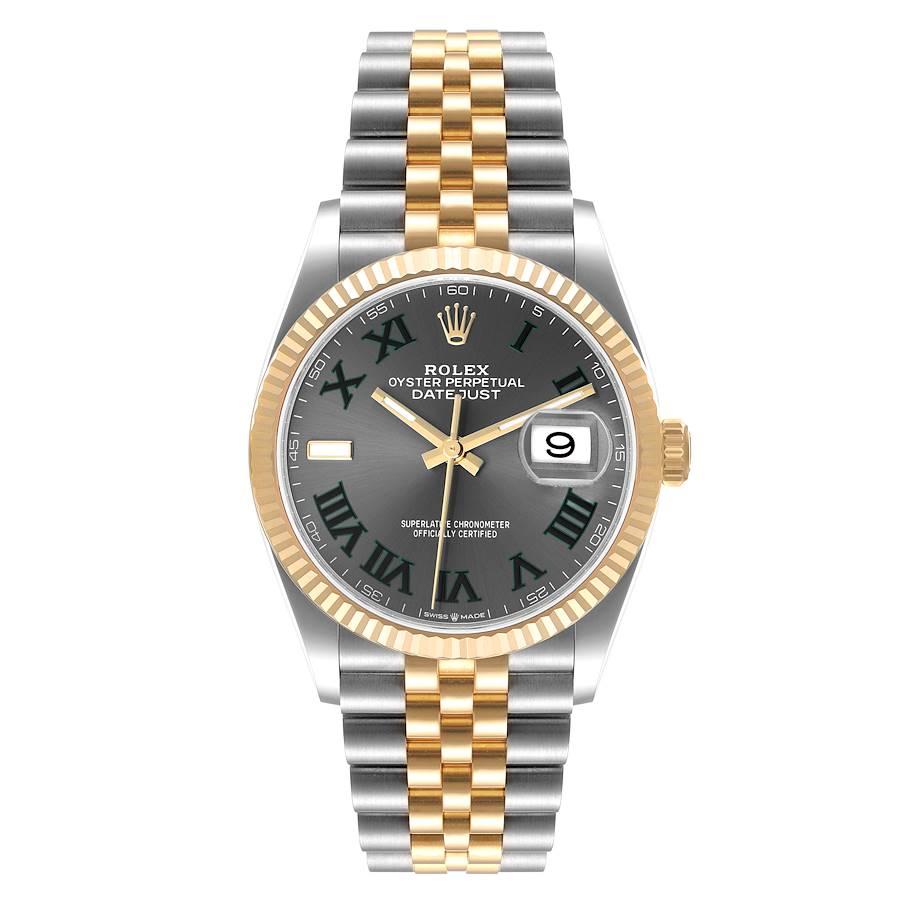 Rolex Datejust Steel Yellow Gold Wimbledon Dial Mens Watch 126233 Box Card. Officially certified chronometer self-winding movement. Stainless steel and 18K yellow gold oyster case 36.0 mm in diameter. Rolex logo on 18K yellow gold crown. 18k yellow
