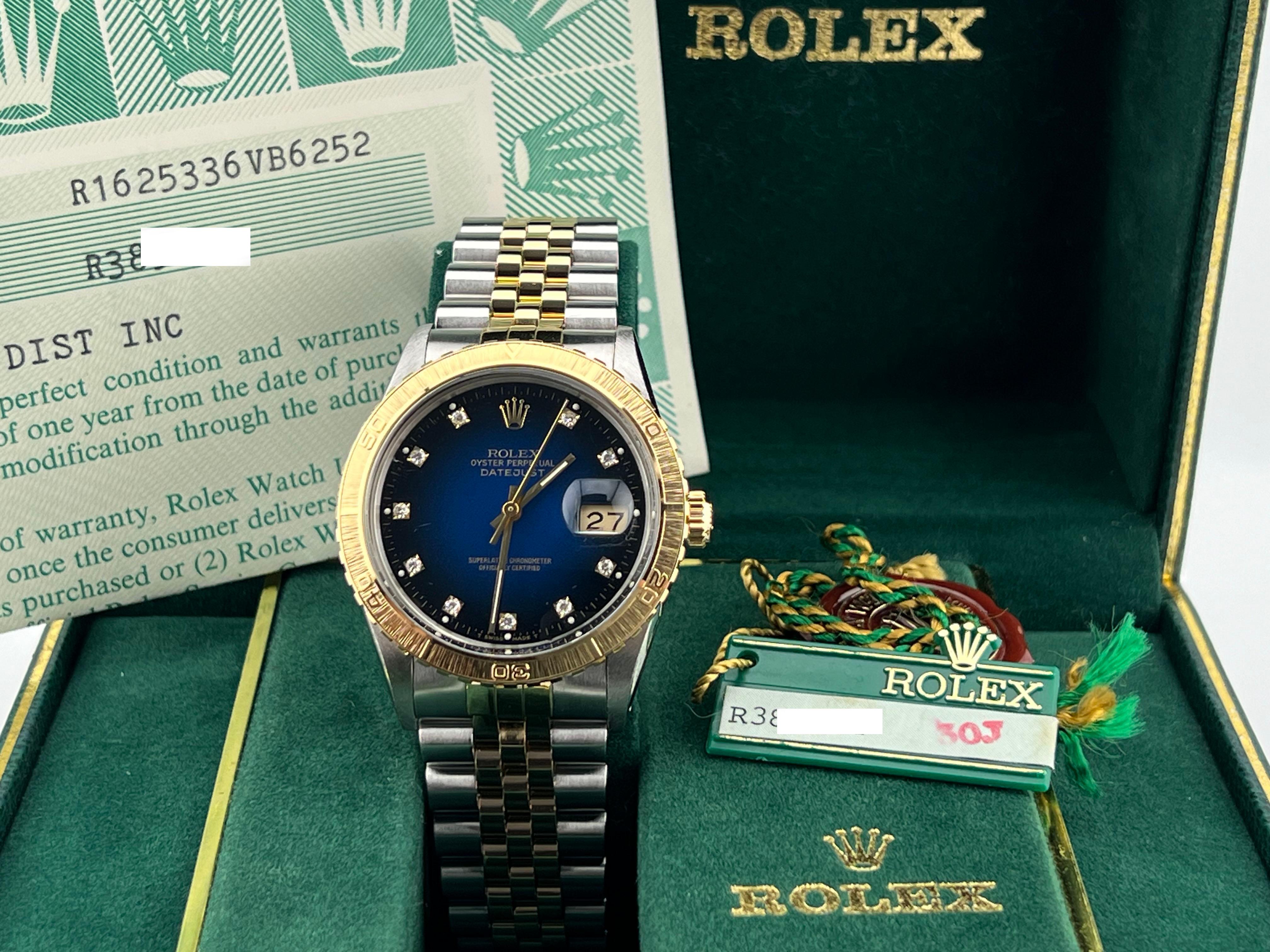Style Number: 16253



Serial: R385***



Year: 1988

 

Model: Rolex Datejust Thunderbird

 

Case Material: Stainless Steel 

 

Band: 18K Yellow Gold & Stainless Steel 

  

Bezel: 18K Yellow Gold 

  

Dial: Original Factory Blue Vignette