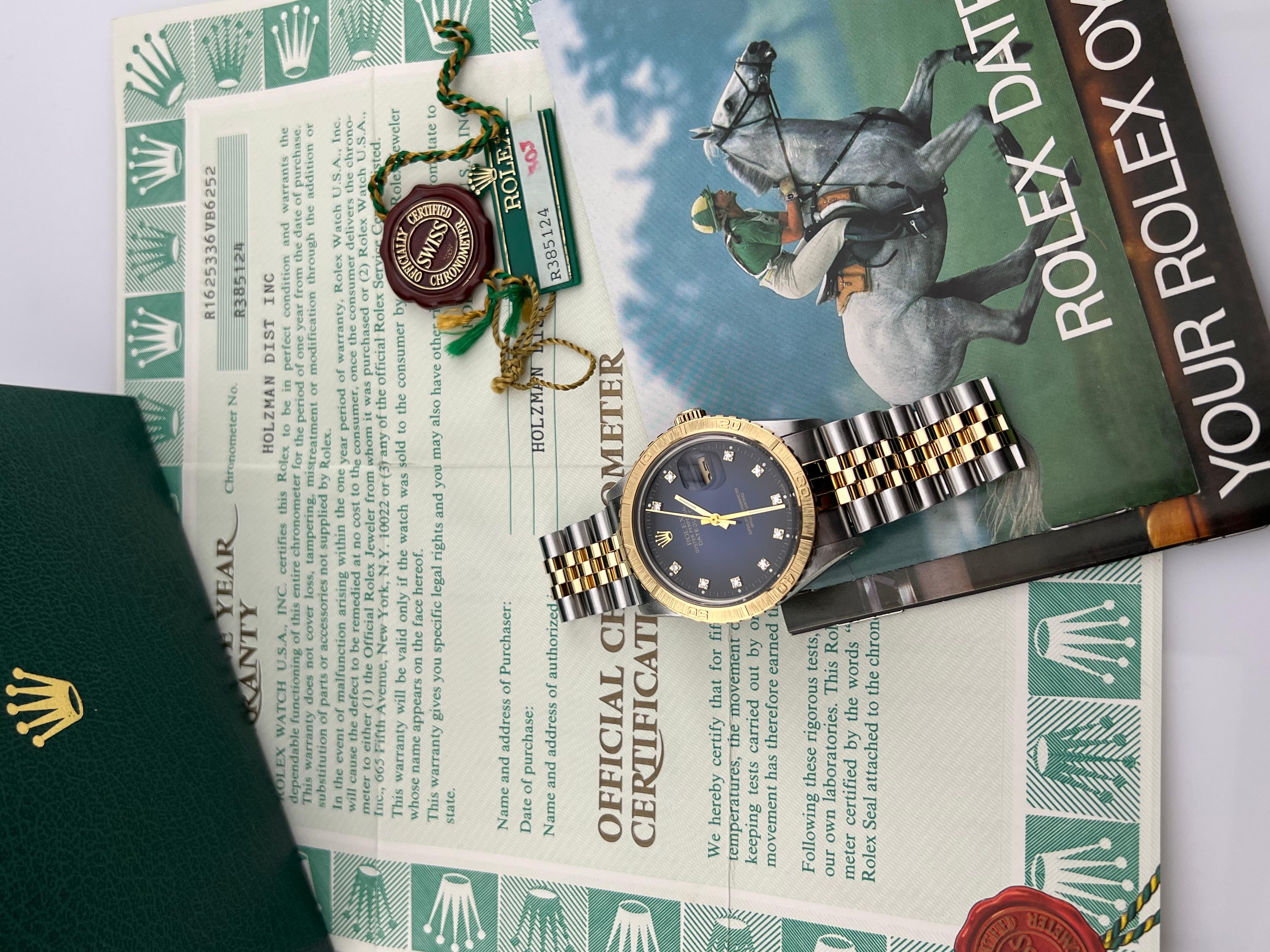 Rolex Datejust Thunderbird 16253 Blue Vignette Diamond Spider 18K Gold Steel B+P In Excellent Condition For Sale In San Diego, CA
