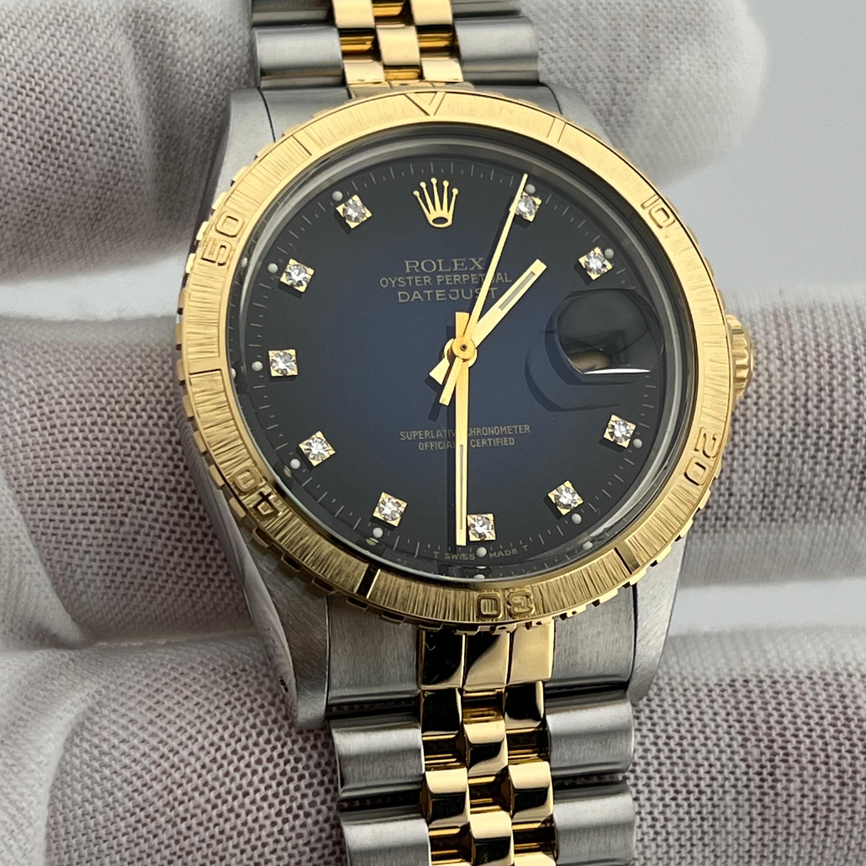 Men's Rolex Datejust Thunderbird 16253 Blue Vignette Diamond Spider 18K Gold Steel B+P For Sale