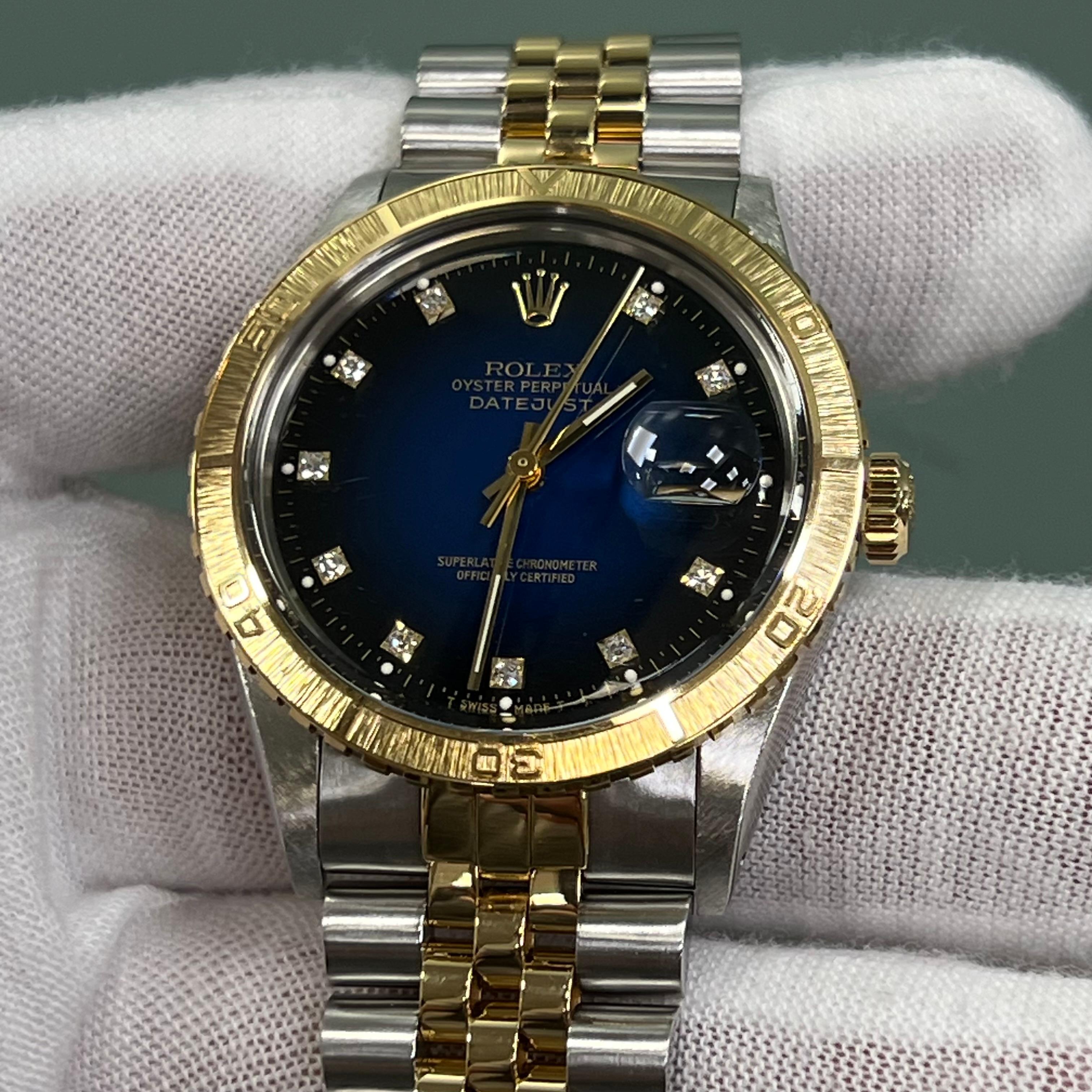 Rolex Datejust Thunderbird 16253 Blue Vignette Diamond Spider 18K Gold Steel B+P For Sale 2