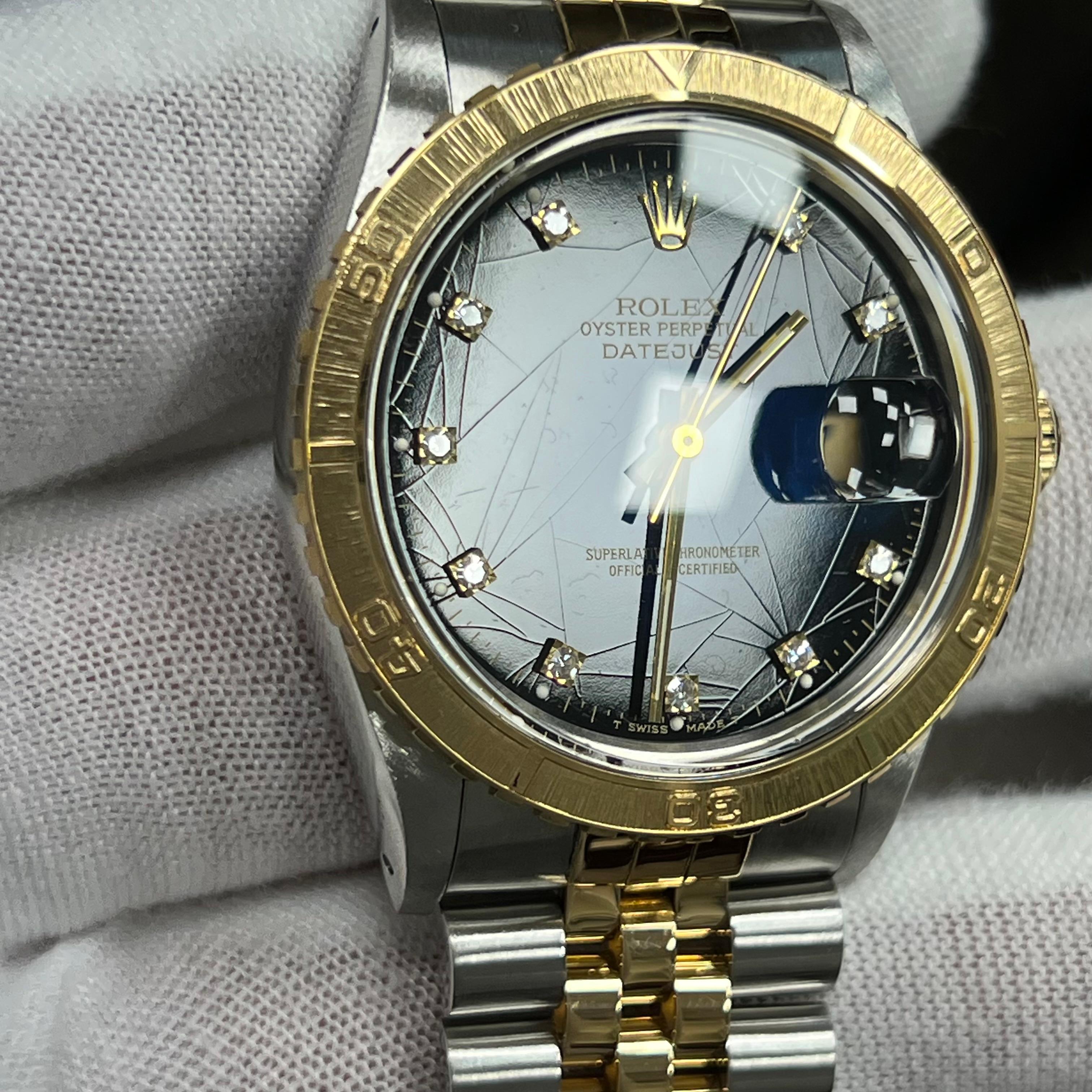 Rolex Datejust Thunderbird 16253 Blue Vignette Diamond Spider 18K Gold Steel B+P For Sale 3