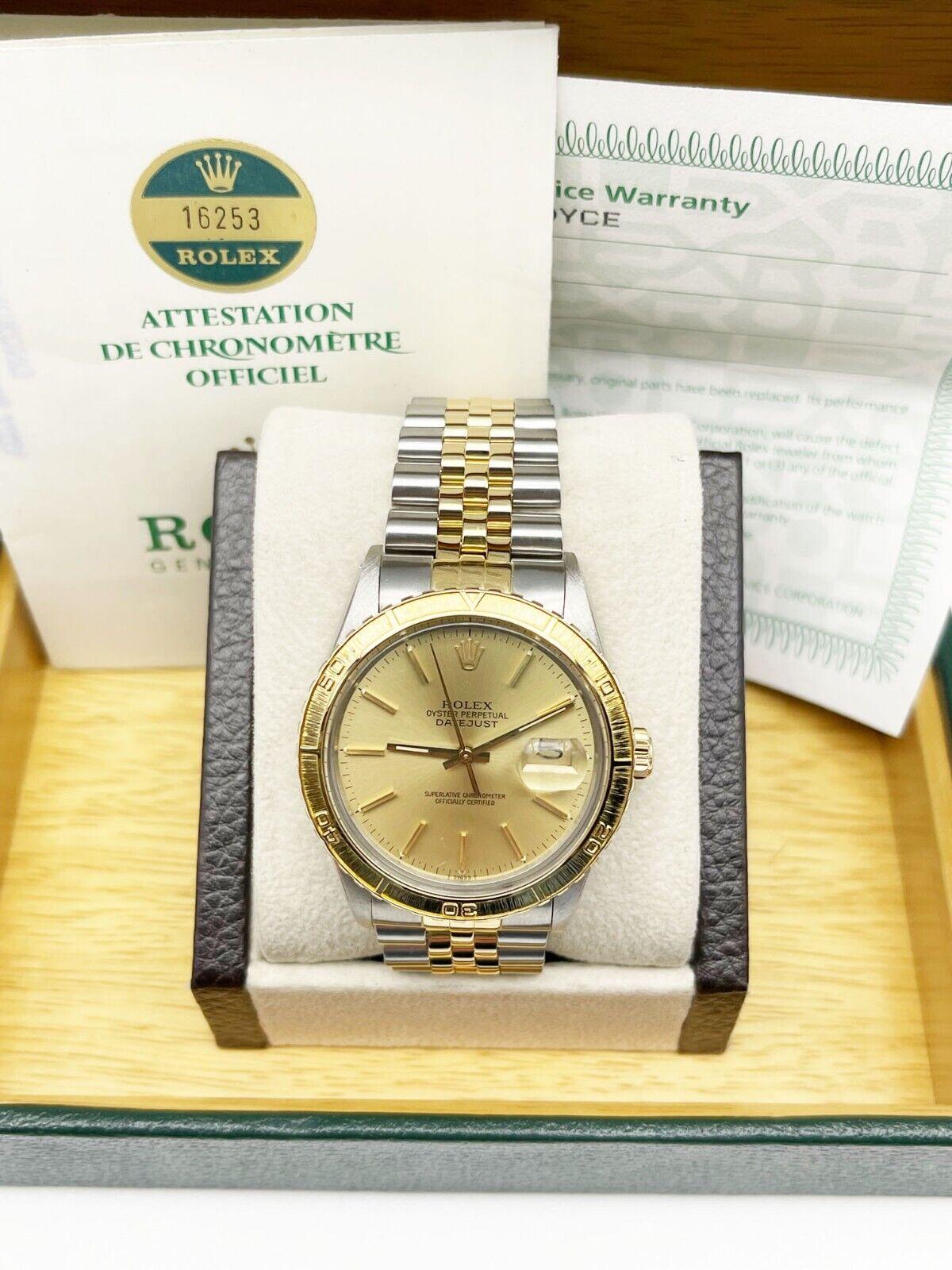 Style Number: 16253

 

Serial: 8225***

 

Model: Datejust Thunderbird

 

Case Material: Stainless Steel

 

Band: 18K Yellow Gold and Stainless Steel

 

Bezel: 18K Yellow Gold 

 

Dial: Champagne

 

Face: Acrylic

 

Case Size: 36mm

