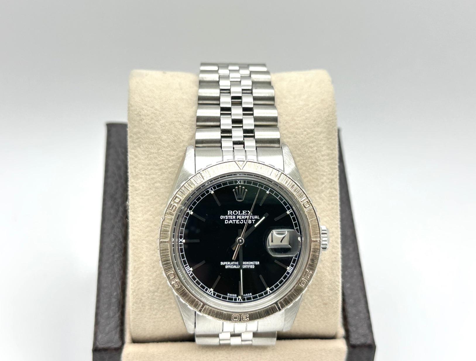 Style Number: 16250



Serial: 6046***



Year: 1979

 

Model: Rolex Datejust Turn-O-Graph

 

Case Material: Stainless Steel

 

Band: Custom Stainless Steel Band

     

Dial: Black

 

Crystal: Acrylic

 

Case Size: 36mm

 

Includes: 

-