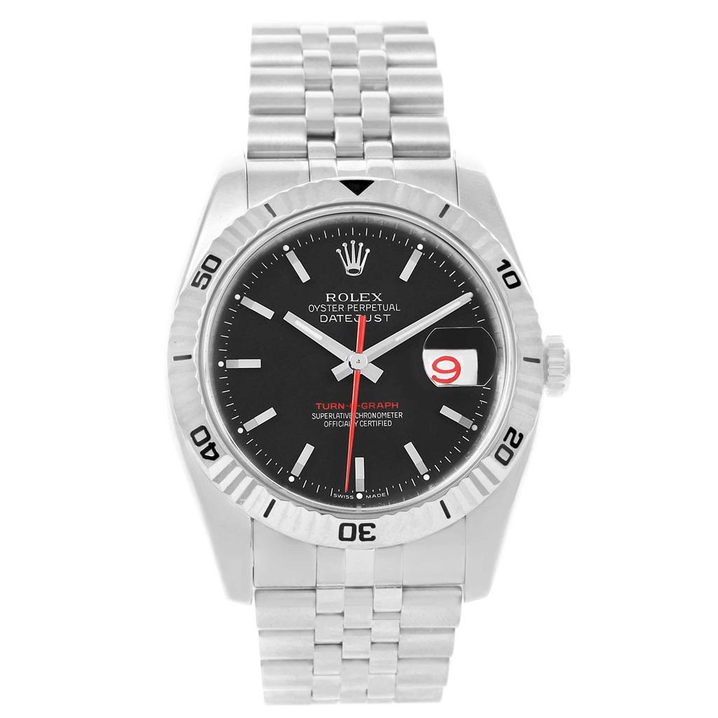 Rolex Datejust Thunderbird Turnograph Black Dial Mens Watch 116264. Officially certified chronometer self-winding movement with quickset date function. Stainless steel case 36.0 mm in diameter. Rolex logo on a crown. 18k white gold fluted