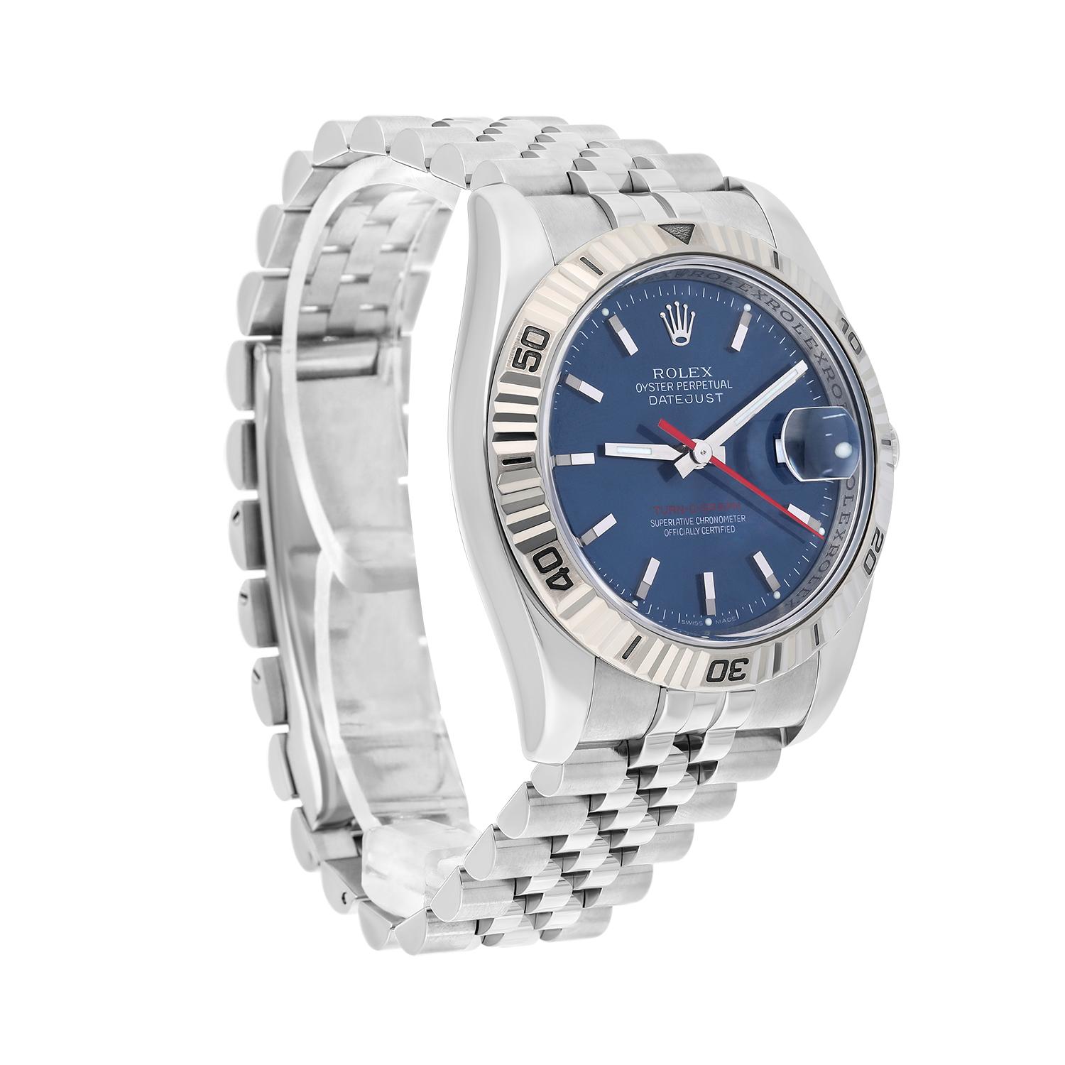 Modern Rolex Datejust Turn-0-Graph 36mm Blue Dial Fluted Bezel Jubilee Watch 116264 For Sale