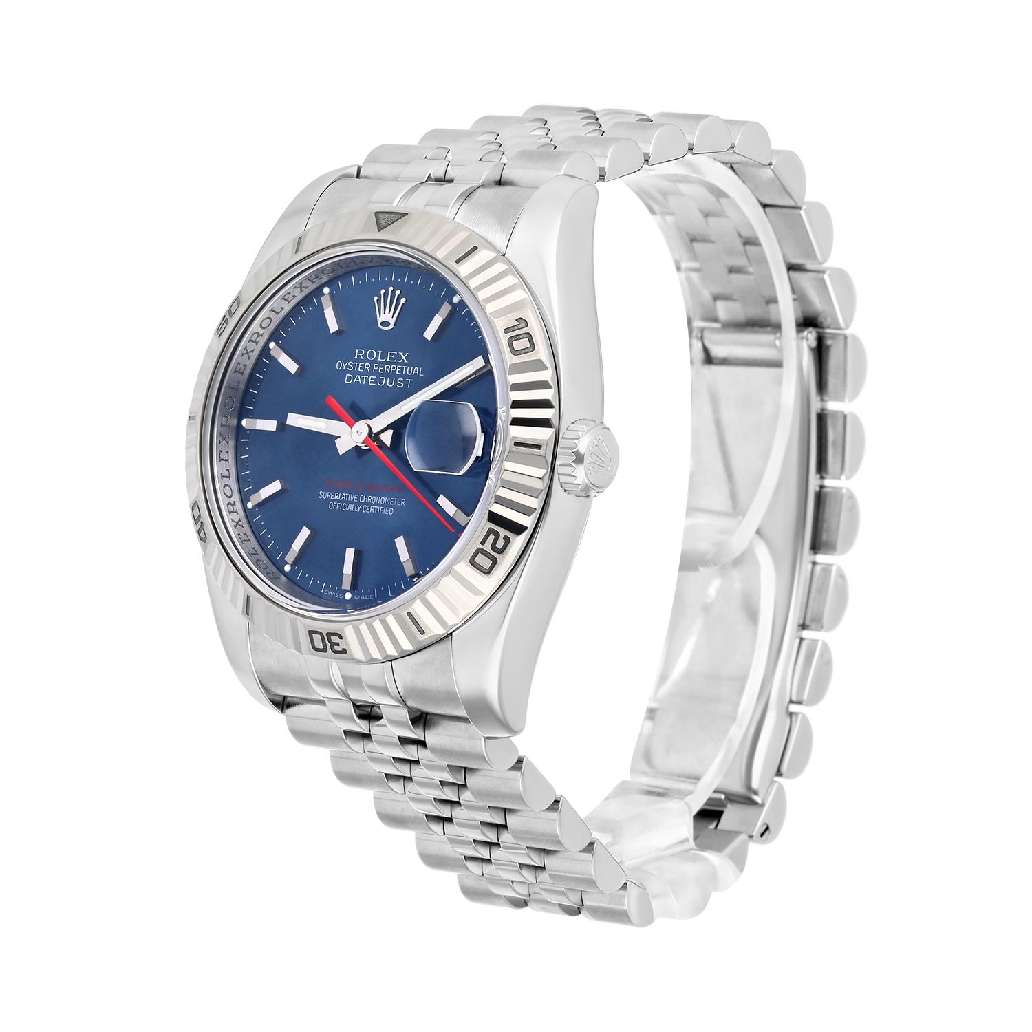 Women's or Men's Rolex Datejust Turn-0-Graph 36mm Blue Dial Fluted Bezel Jubilee Watch 116264 For Sale
