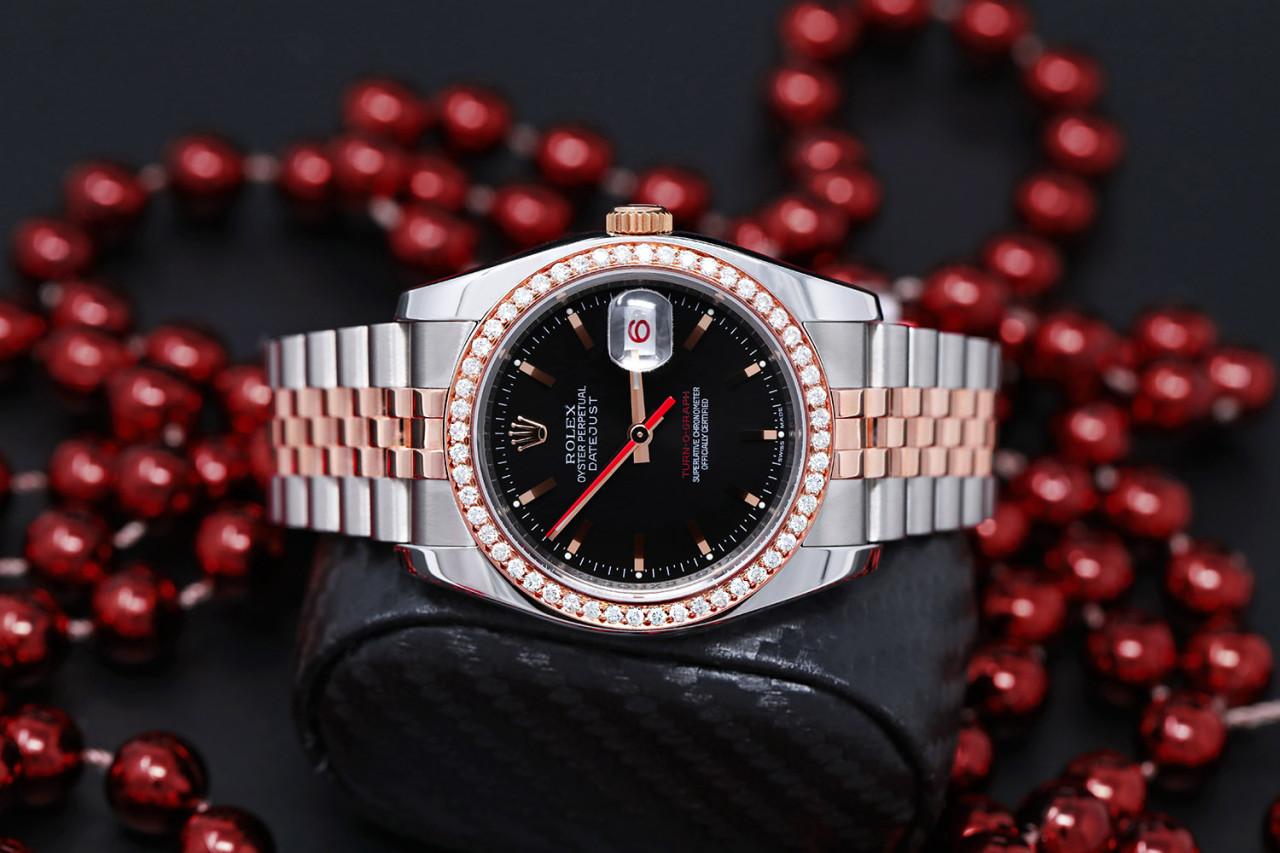 Rolex Datejust Turn-O-Graph 116261 Two Tone Stainless Steen and Rose Gold Watch Black Dial Diamond Bezel 36mm.

Rolex Turnograph Datejust Steel 18K Rose Gold Watch 116261. Officially certified chronometer self-winding movement with quickset date