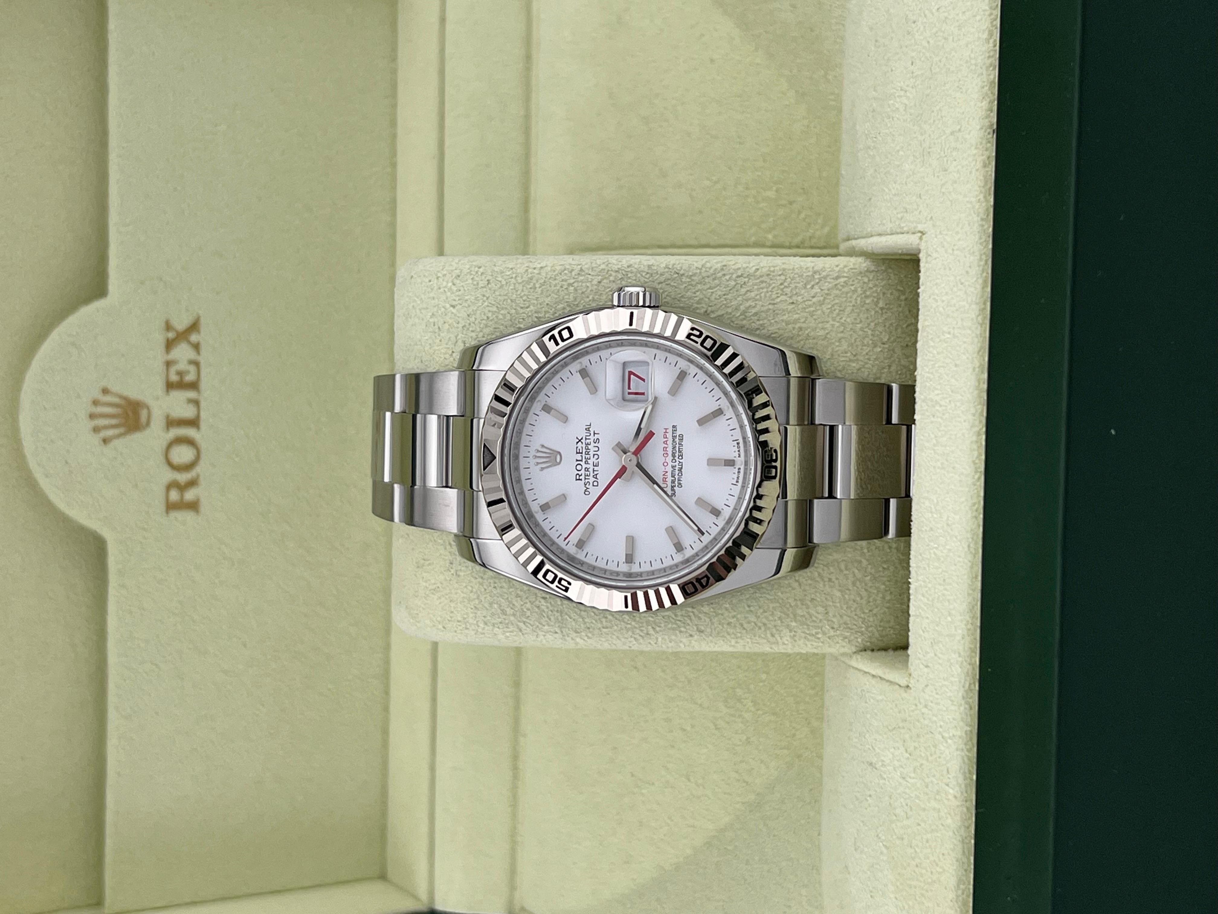 Numero di stile: 116264
Seriale: D619***
Anno: 2005
Model: Rolex Datejust Turn O Graph 
Materiale della cassa: Acciaio inossidabile 
Fascia: Acciaio inossidabile 
Lunetta: oro bianco 18 carati 
Quadrante: Quadrante bianco 
Volto: Cristallo di