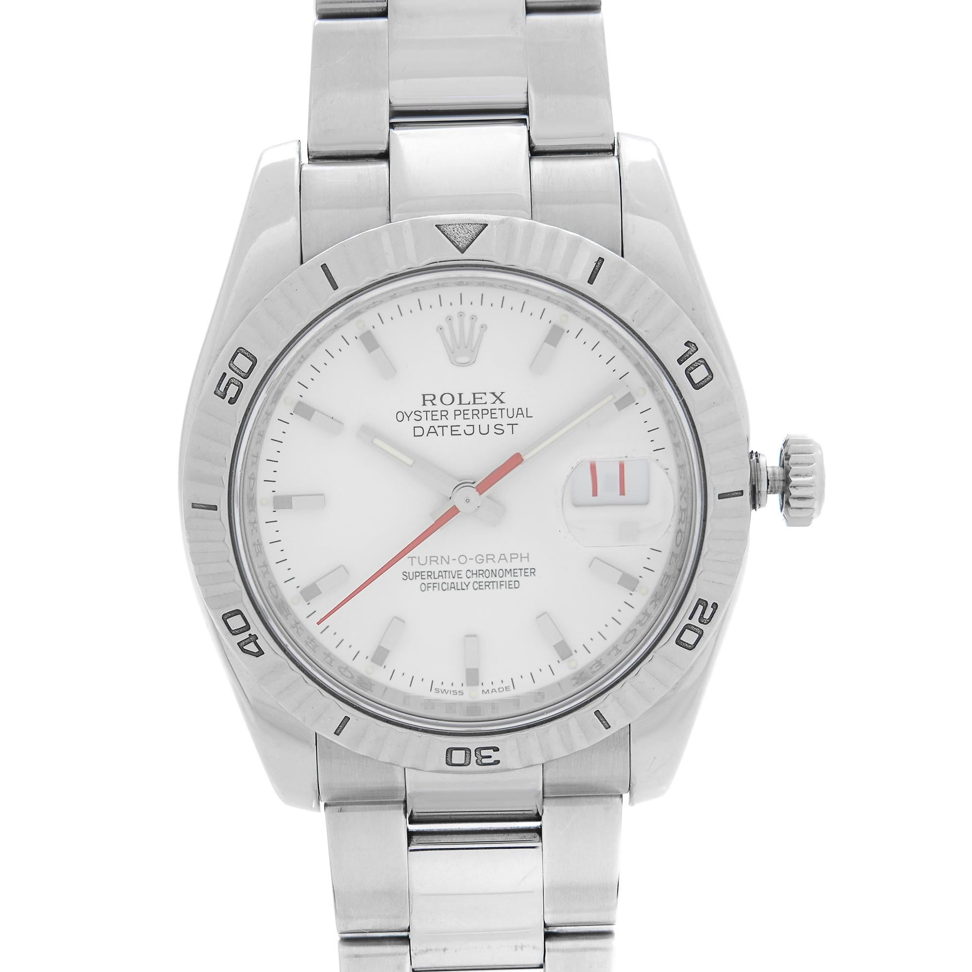 Pre-Owned Rolex Datejust 36mm Turn-O-Graph 18k White Gold Steel White Dial Automatic Men Watch 116264. The Watch was produced in 2006 and powered by an Automatic Movement and Features: Polished Stainless Steel Round Case and Bracelet. Bidirectional