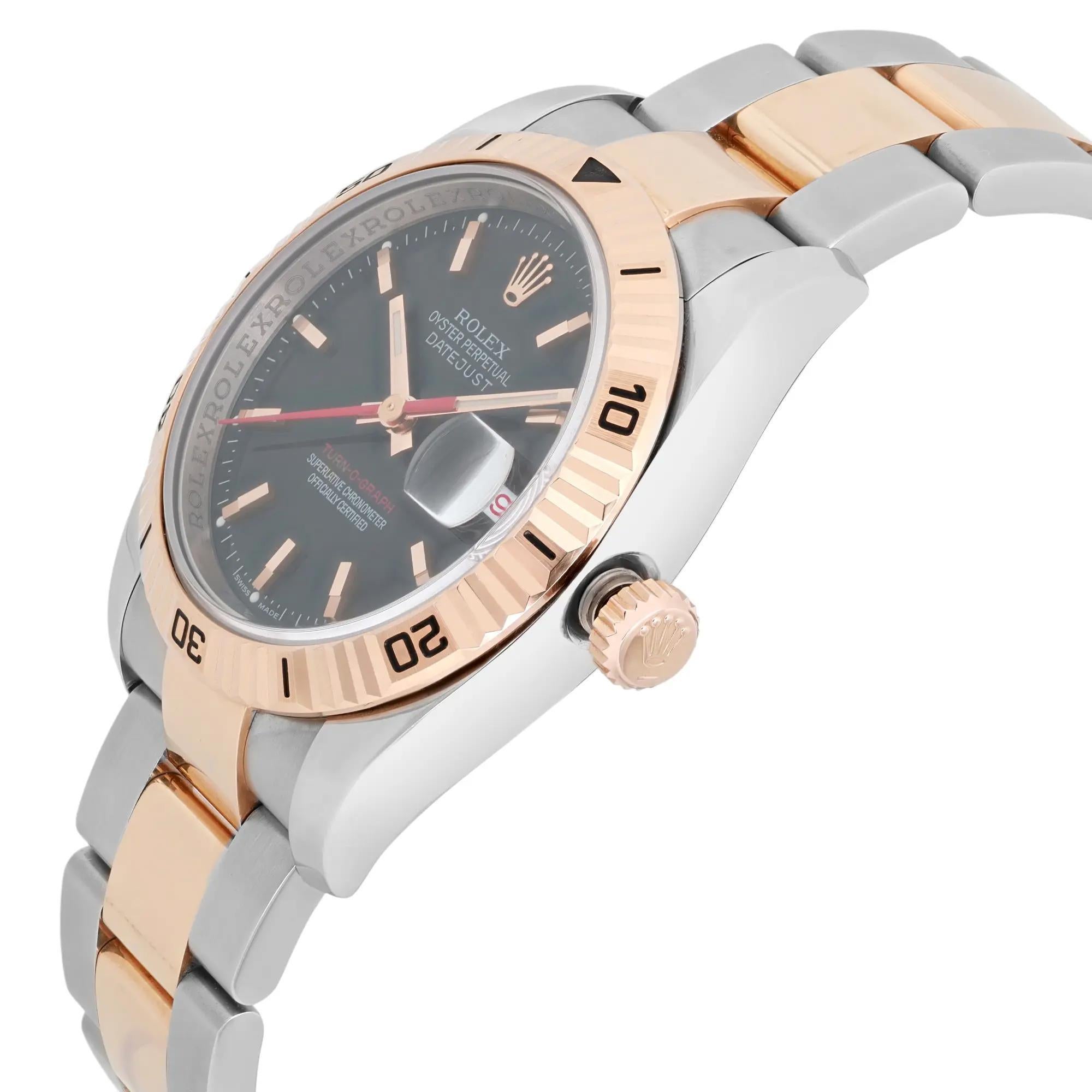 Rolex Datejust Turn-O-Graph 18K Rose Gold Steel Black Dial Watch 116261 In Good Condition For Sale In New York, NY