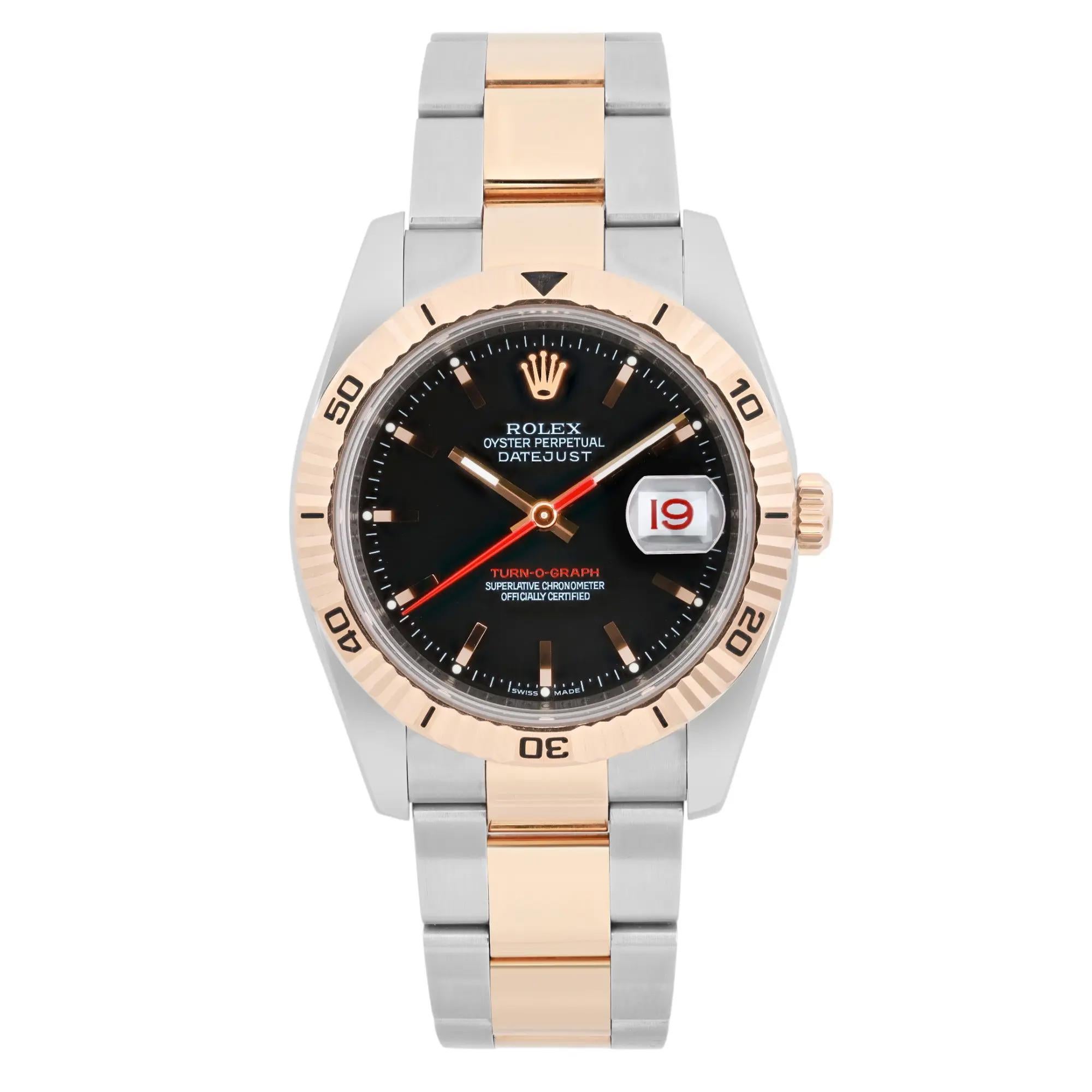 Rolex Datejust Turn-O-Graph 18K Rose Gold Steel Black Dial Watch 116261 For Sale