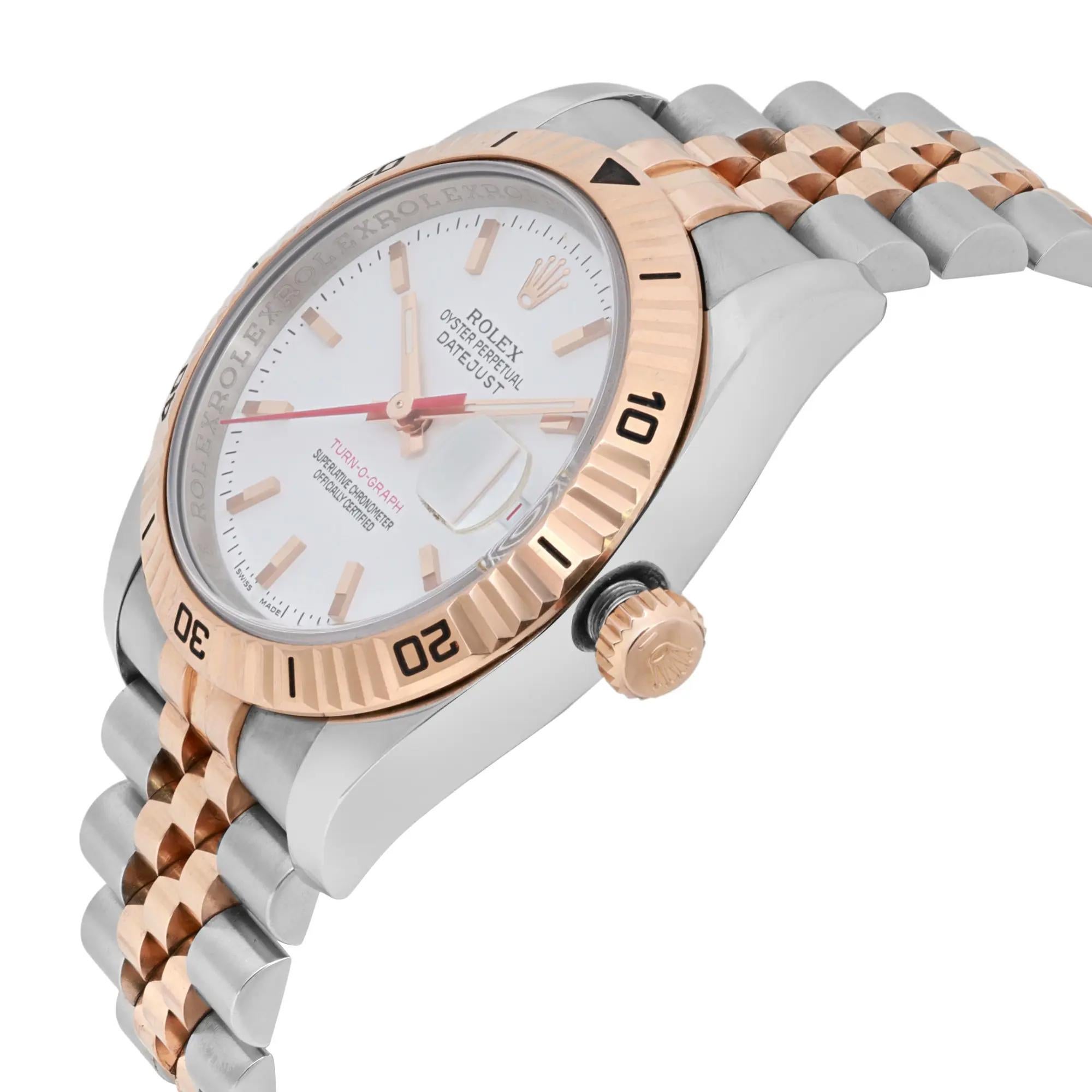 Rolex Datejust Turn-O-Graph 36mm 18K Rose Gold Stahl weißes Zifferblatt Uhr 116261 im Zustand „Hervorragend“ im Angebot in New York, NY