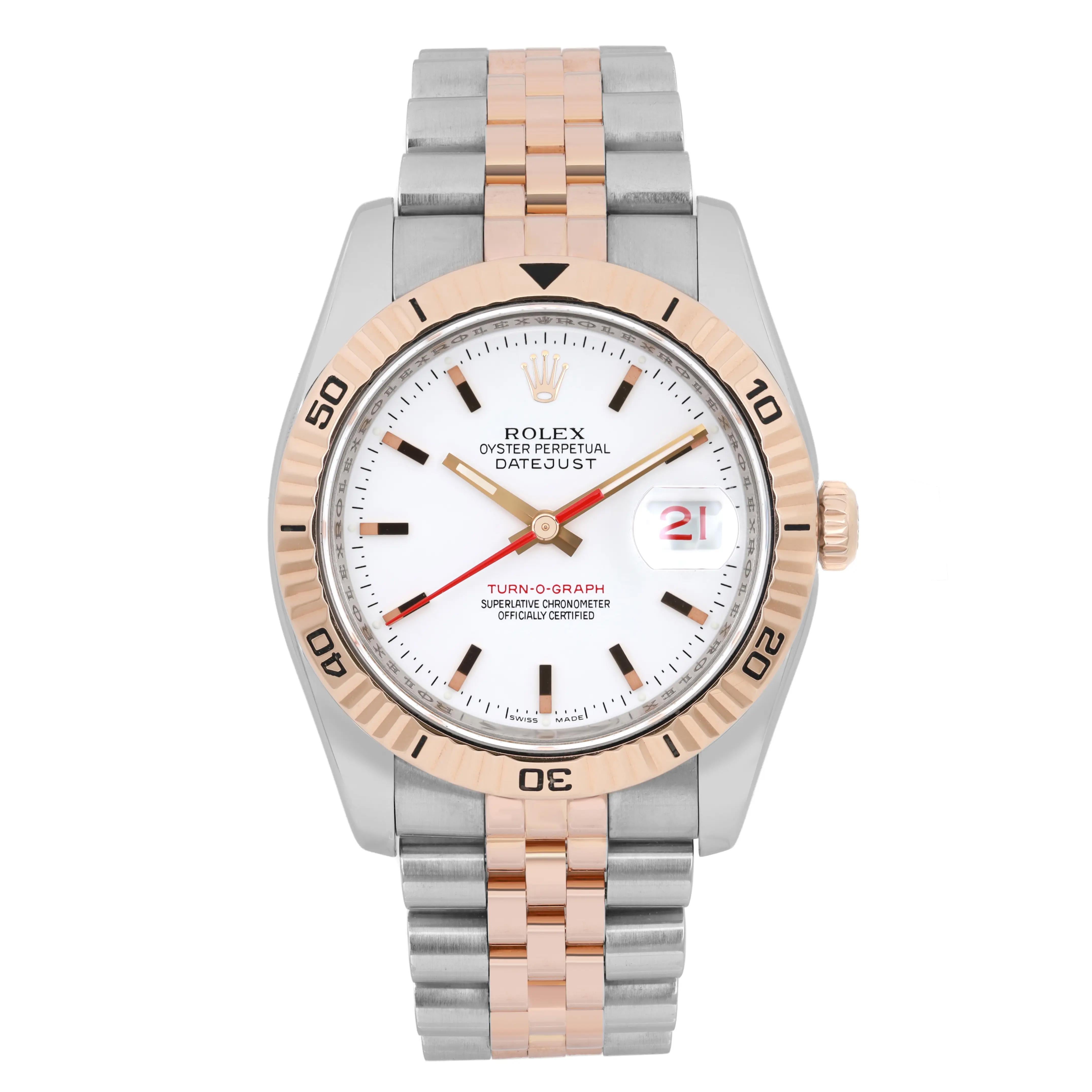 Rolex Datejust Turn-O-Graph 36mm 18K Rose Gold Steel White Dial Watch 116261