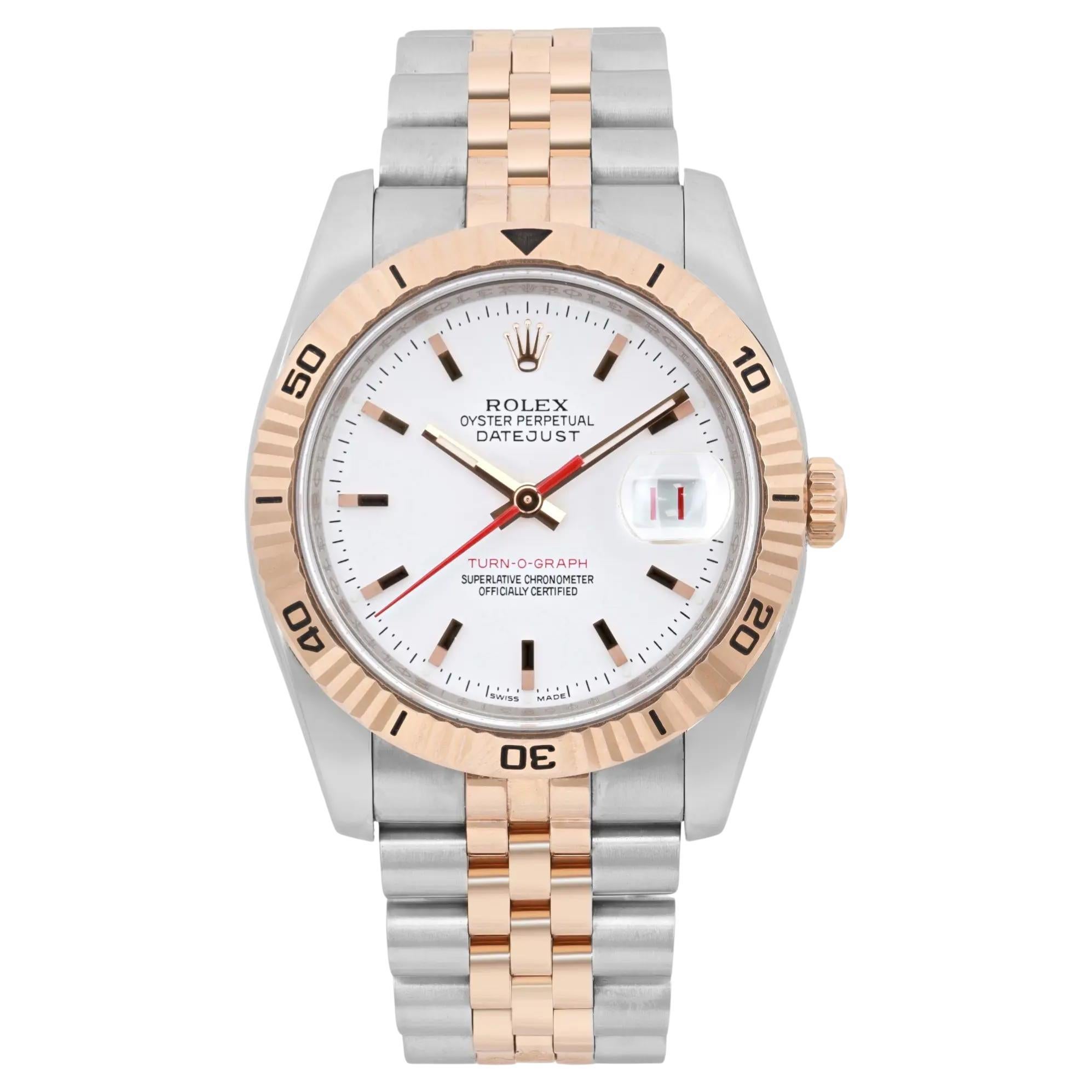 Rolex Datejust Turn-O-Graph 36mm 18K Rose Gold Stahl weißes Zifferblatt Uhr 116261 im Angebot