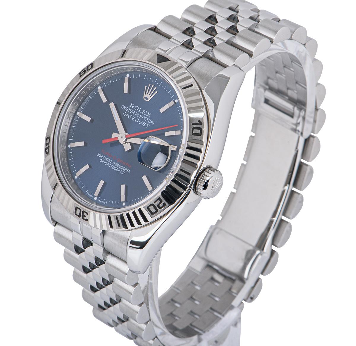 A 36 mm Stainless Steel Oyster Perpetual Datejust Turn-O-Graph Gents Wristwatch, blue dial with applied hour markers, date at 3 0'clock, an 18k white gold bi-directional rotatable fluted bezel with 60 minute graduations, a stainless steel jubilee