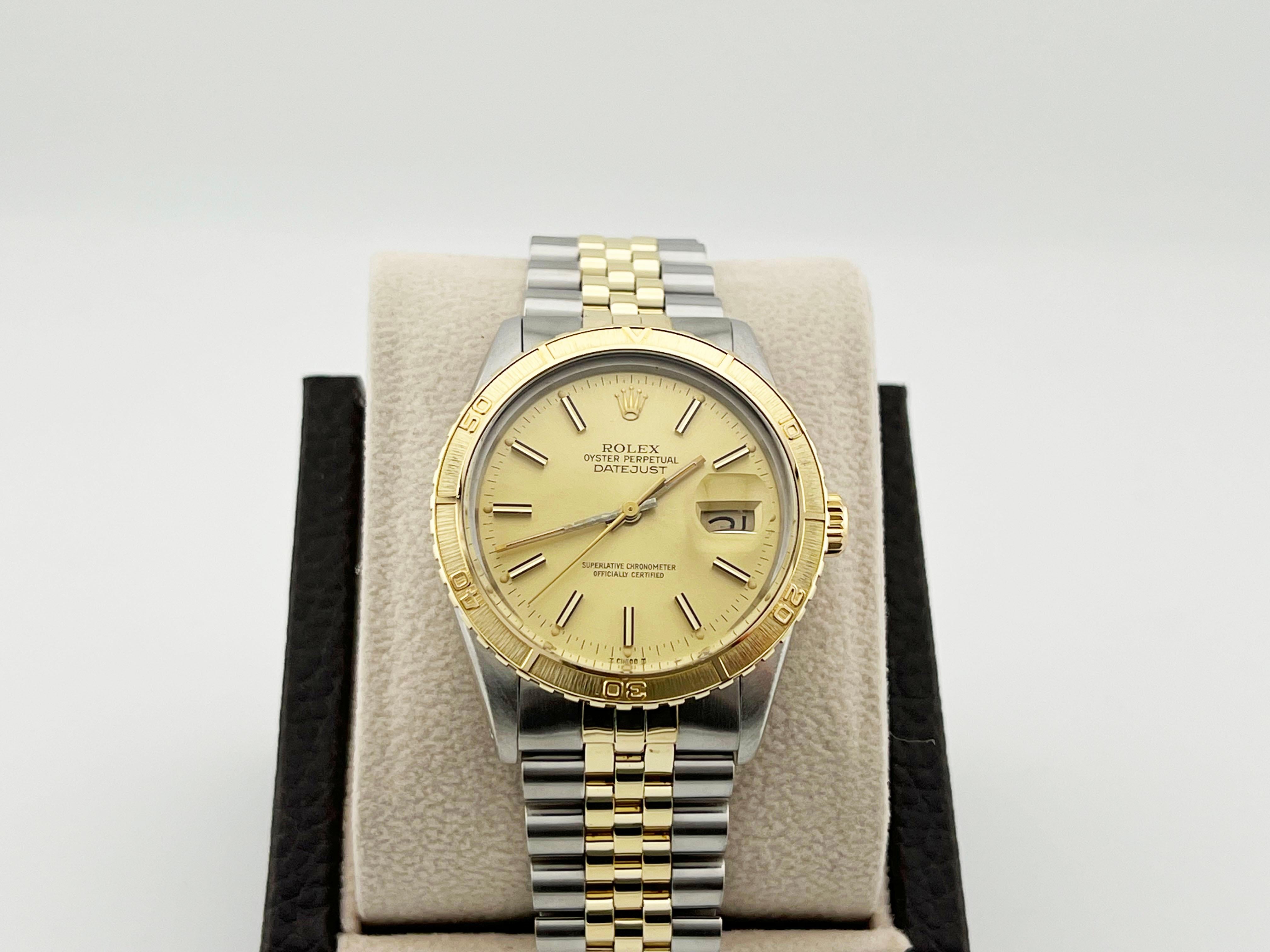 Style Number: 16253



Serial: 7365***



Year: 1982

 

Model: Rolex Turn-O-Graph Thunderbird 

 

Case Material: Stainless Steel 

 

Band: 14K Yellow Gold & Stainless Steel 

  

Bezel: 14K Yellow Gold 

  

Dial: Champagne 

 

Face: Acrylic 

