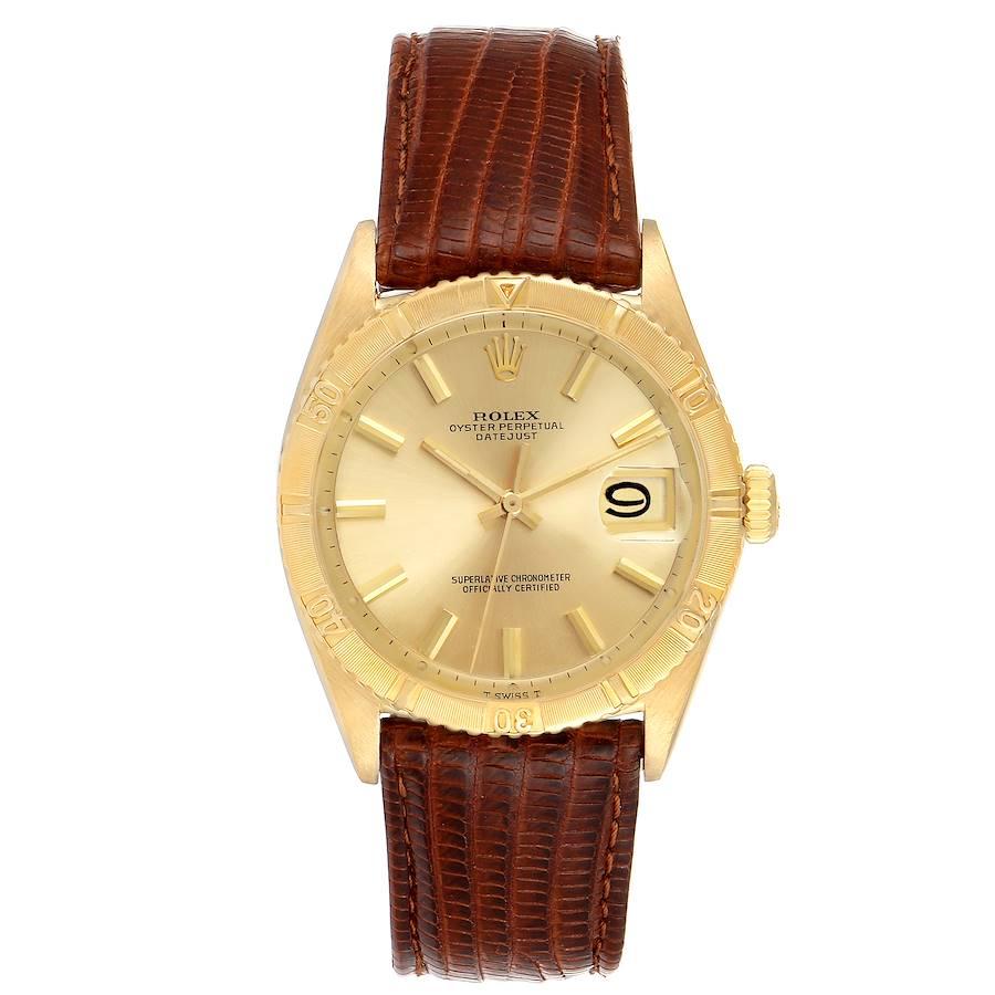 Rolex Datejust Turnograph 18K Yellow Gold Vintage Mens Watch 6609. Officially certified chronometer automatic self-winding movement. 18k yellow gold case 34.0 mm in diameter. Rolex logo on the crown. 18k yellow gold thunderbird bidirectional