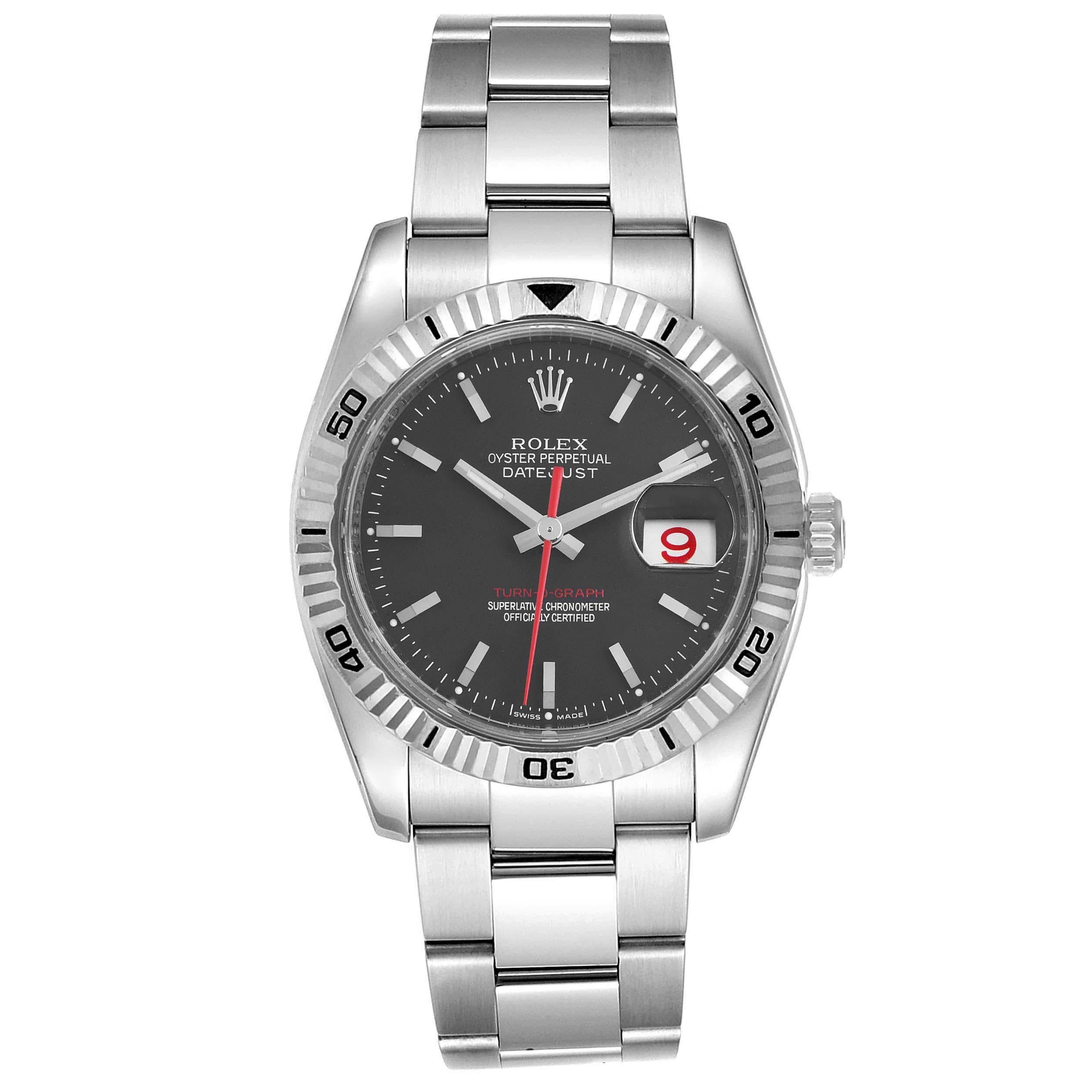 Rolex Datejust Turnograph 36mm Red Hand Steel Mens Watch 116264. Officially certified chronometer self-winding movement. Stainless steel case 36.0 mm in diameter. Rolex logo on a crown. 18k white gold fluted bidirectional rotating turnograph bezel.