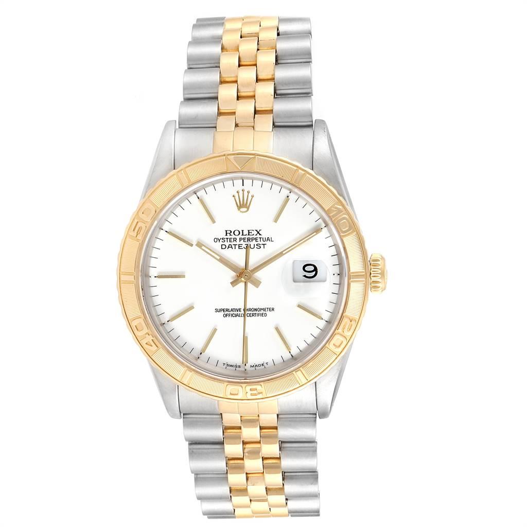 Rolex Datejust Turnograph 36mm Steel Yellow Gold Mens Watch 16263. Officially certified chronometer self-winding movement. Stainless steel case 36 mm in diameter. Rolex logo on a 18K yellow gold crown. 18k yellow gold thunderbird bidirectional