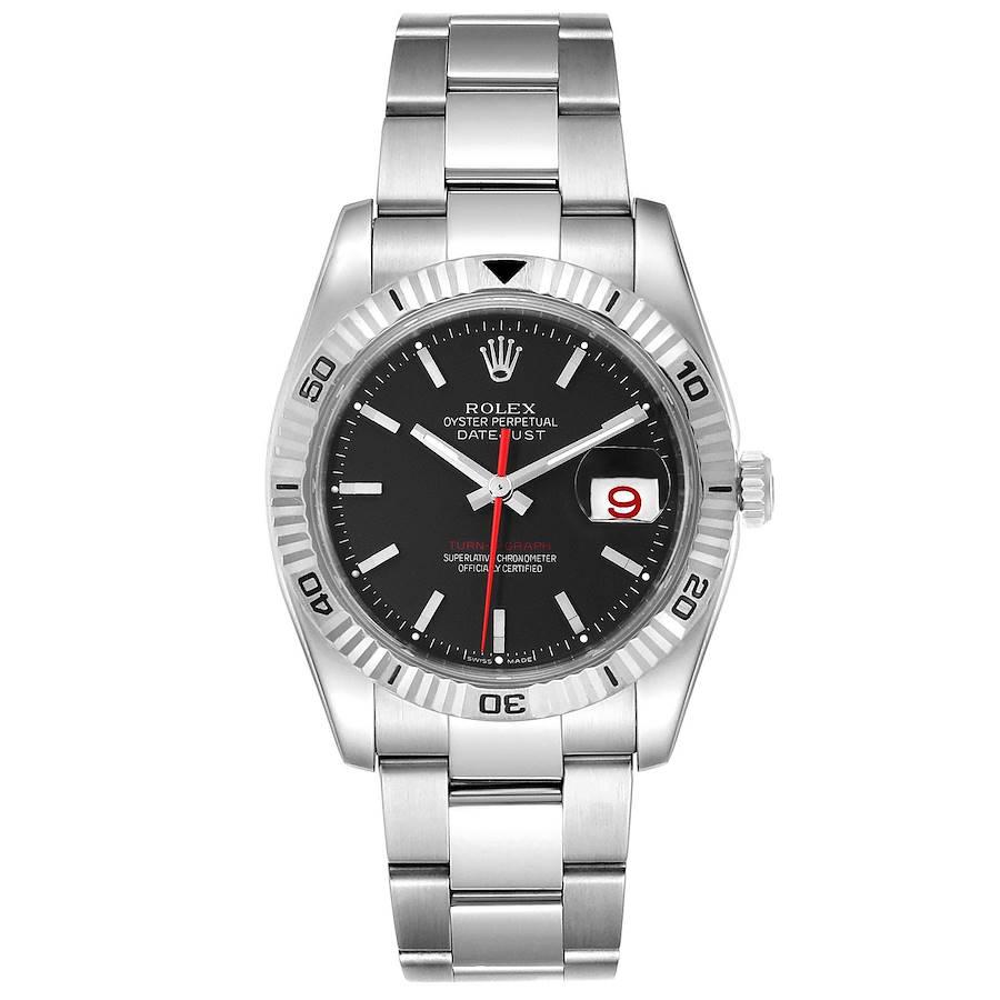 Rolex Datejust Turnograph Black Dial Steel Mens Watch 116264 Box. Officially certified chronometer self-winding movement. Stainless steel case 36.0 mm in diameter. Rolex logo on a crown. 18k white gold fluted bidirectional rotating turnograph bezel.