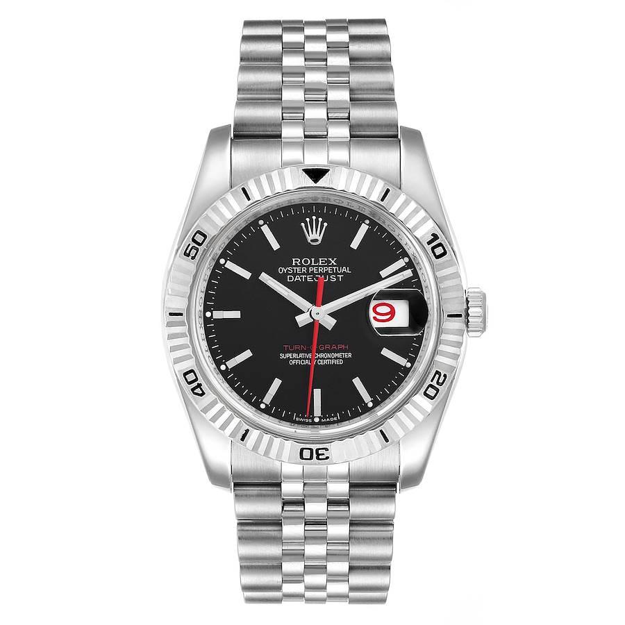 Rolex Datejust Turnograph Black Dial Steel Mens Watch 116264 Box Papers. Officially certified chronometer self-winding movement. Stainless steel case 36.0 mm in diameter. Rolex logo on a crown. 18k white gold fluted bidirectional rotating turnograph