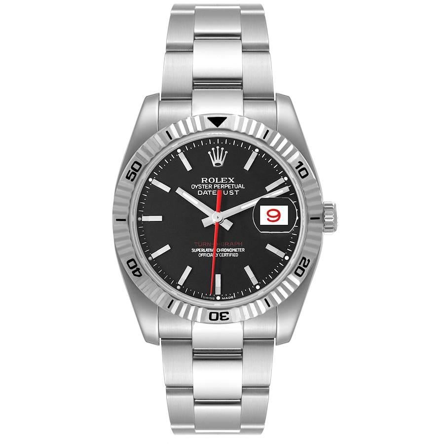 Rolex Datejust Turnograph Black Dial Steel Mens Watch 116264 Box Papers. Officially certified chronometer automatic self-winding movement. Stainless steel case 36.0 mm in diameter. Rolex logo on the crown. 18k white gold fluted bidirectional