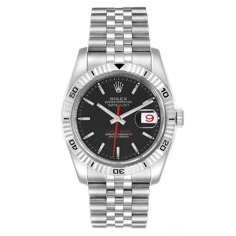 Rolex Datejust Turnograph Black Dial Steel Mens Watch 116264. Officially certified chronometer self-winding movement. Stainless steel case 36.0 mm in diameter. Rolex logo on a crown. 18k white gold fluted bidirectional rotating turnograph bezel.