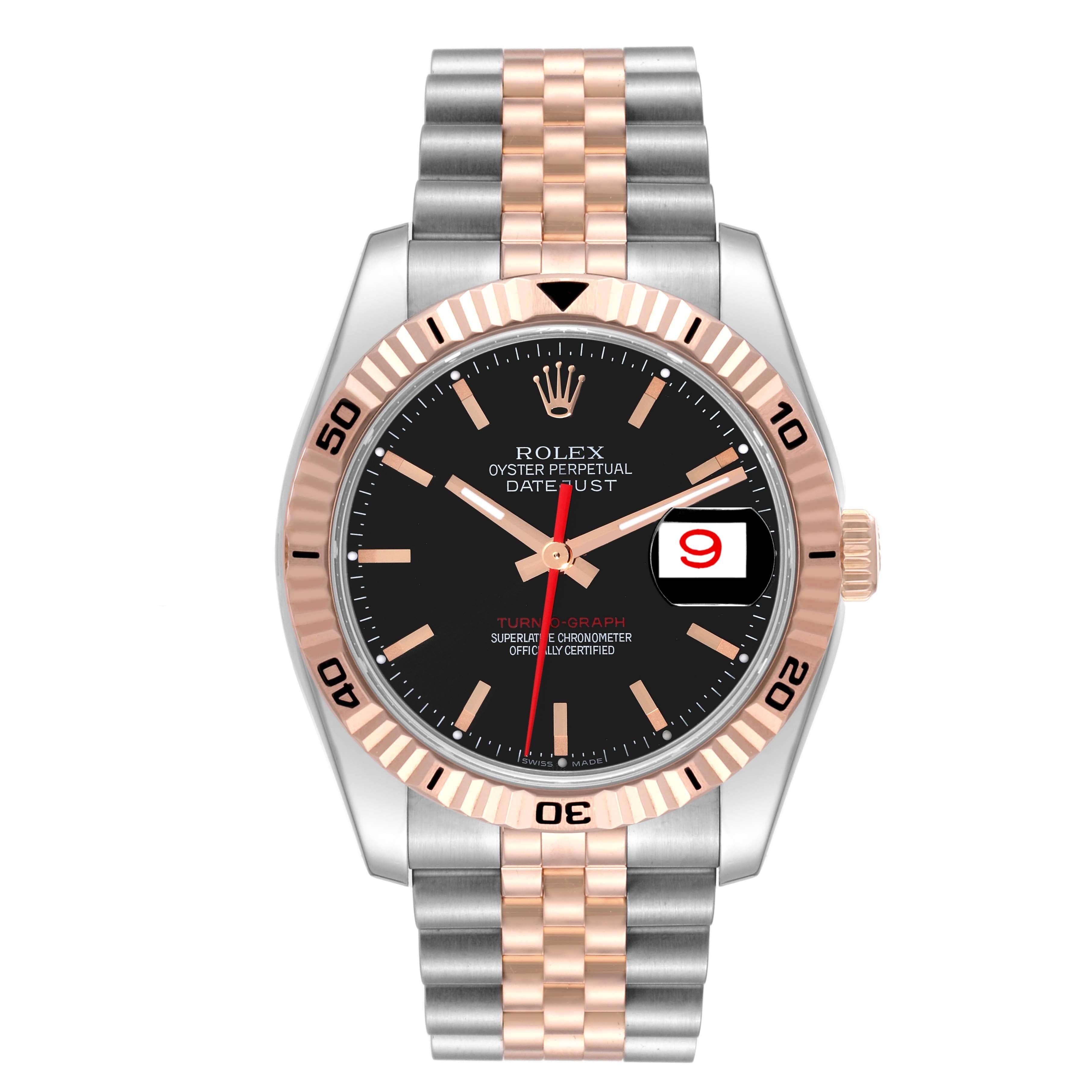 Rolex Datejust Turnograph Black Dial Steel Rose Gold Mens Watch 116261 Box Card. Officially certified chronometer automatic self-winding movement. Stainless steel case 36.0 mm in diameter. Rolex logo on the crown. 18k Everose gold fluted