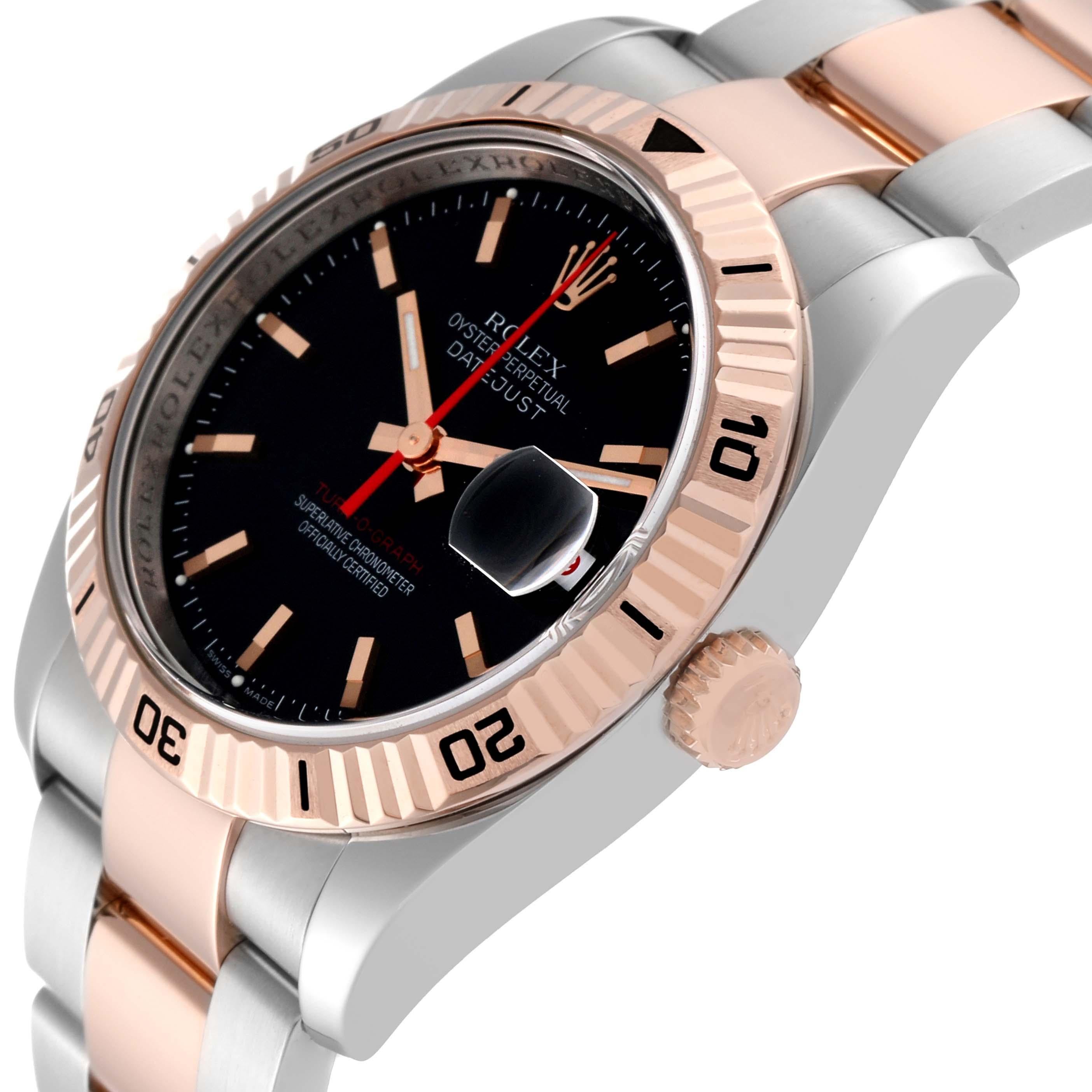 Rolex Datejust Turnograph Black Dial Steel Rose Gold Mens Watch 116261. Officially certified chronometer automatic self-winding movement. Stainless steel case 36.0 mm in diameter. Rolex logo on the crown. 18k Everose gold fluted bidirectional