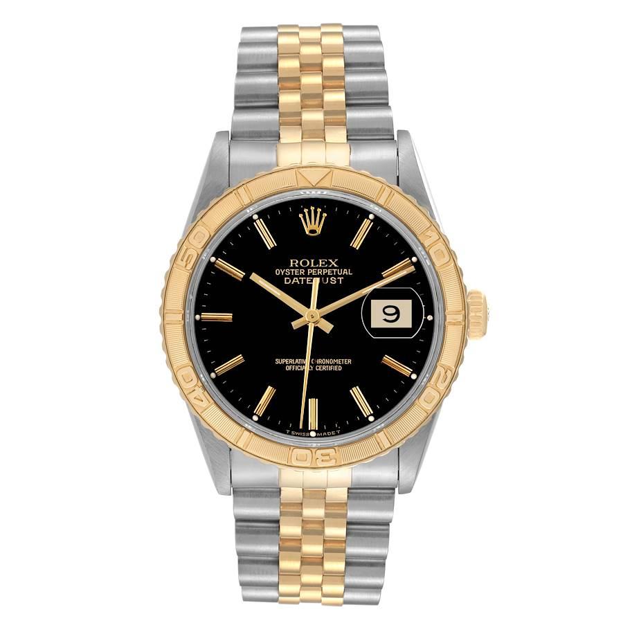 Rolex Datejust Turnograph Black Dial Yellow Gold Steel Mens Watch 16263. Officially certified chronometer automatic self-winding movement. Stainless steel case 36 mm in diameter. Rolex logo on an 18K yellow gold crown. 18k yellow gold thunderbird