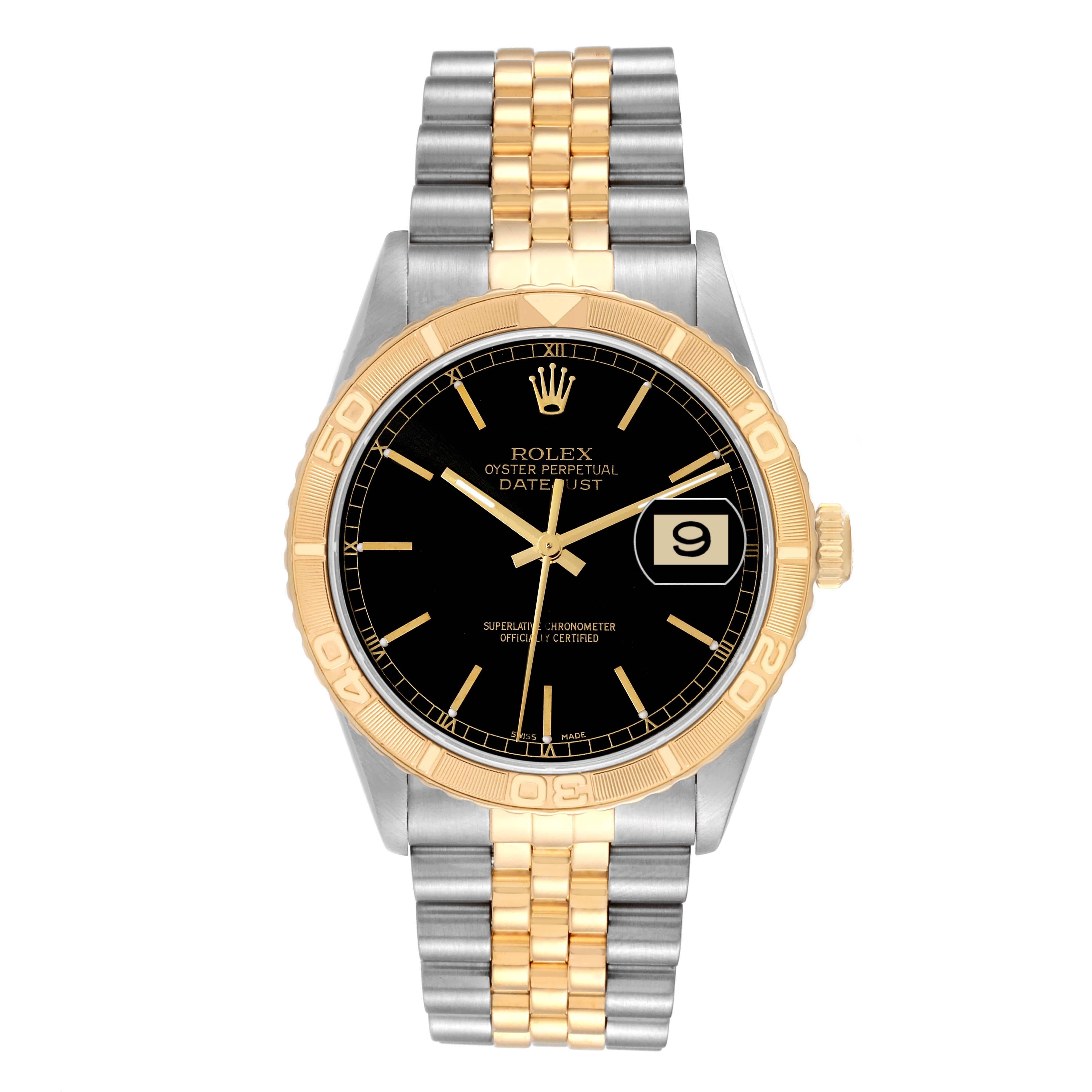 Rolex Datejust Turnograph Black Dial Yellow Gold Steel Mens Watch 16263. Officially certified chronometer automatic self-winding movement. Stainless steel case 36 mm in diameter. Rolex logo on an 18k yellow gold crown. 18k yellow gold thunderbird