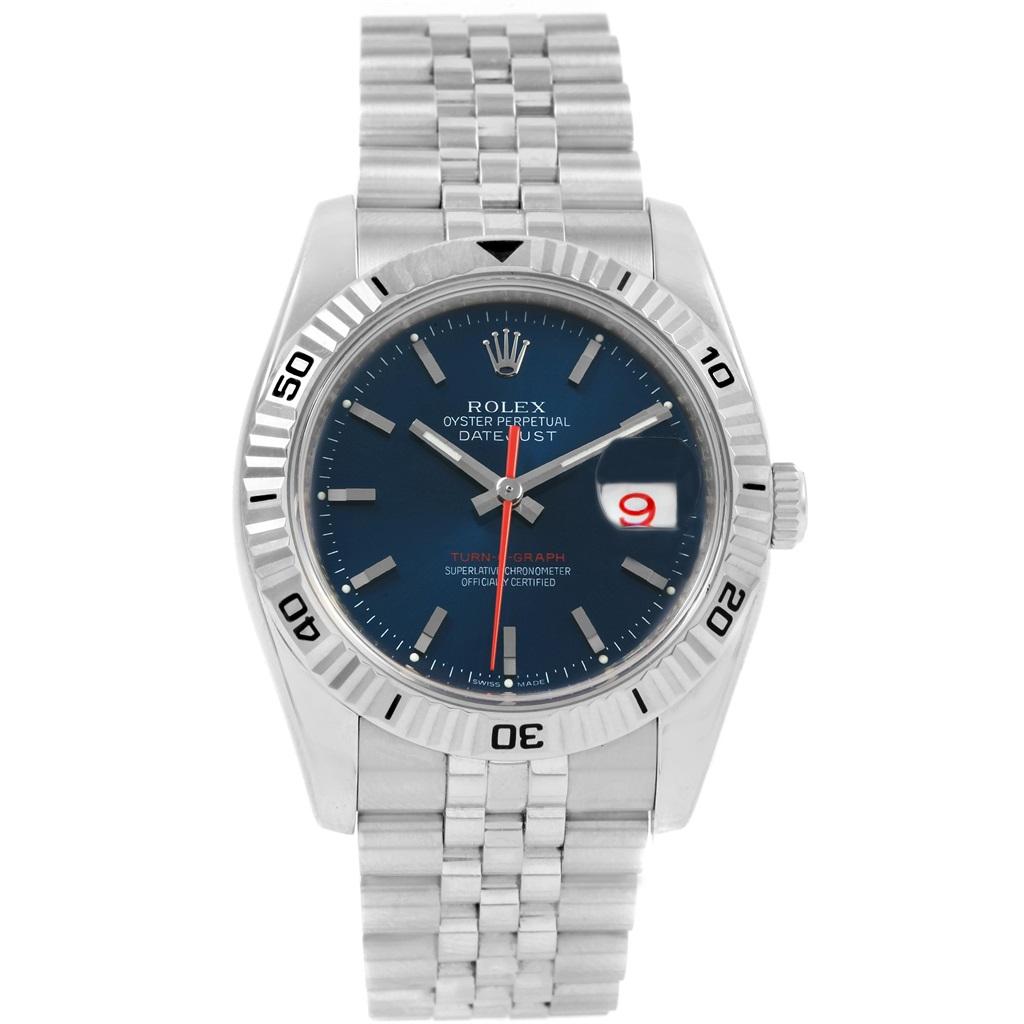 Rolex Datejust Turnograph Blue Dial Jubilee Bracelet Mens Watch 116264. Officially certified chronometer self-winding movement with quickset date function. Stainless steel case 36.0 mm in diameter. Rolex logo on a crown. 18k white gold fluted