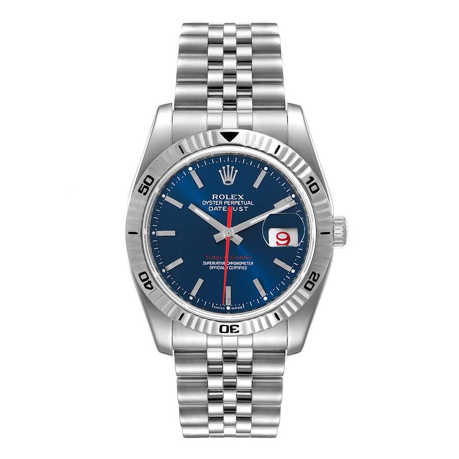 Rolex Datejust Turnograph Blue Dial Jubilee Bracelet Steel Mens Watch 116264. Officially certified chronometer self-winding movement. Stainless steel case 36.0 mm in diameter. Rolex logo on a crown. 18k white gold fluted bidirectional rotating