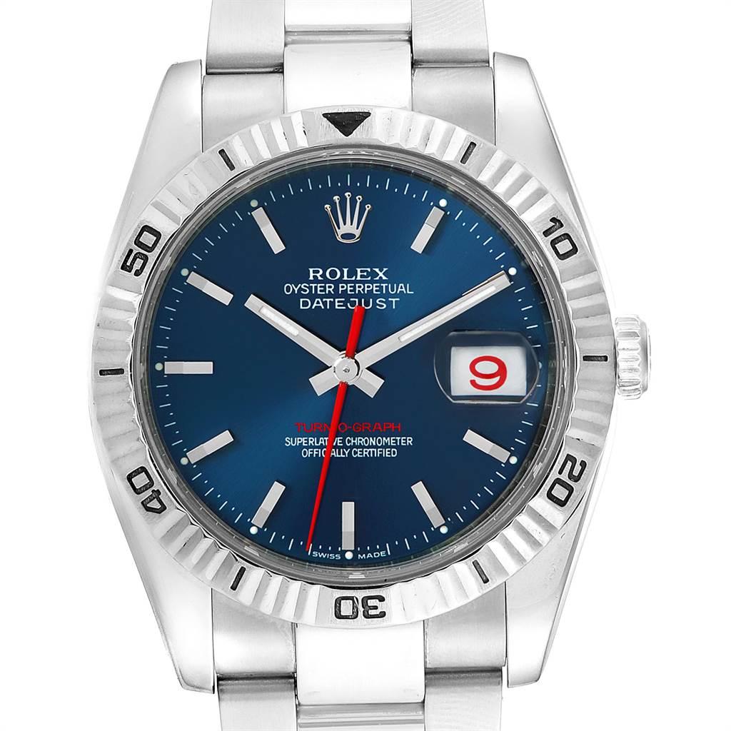 Rolex Datejust Turnograph Blue Dial Oyster Bracelet Mens Watch 116264. Officially certified chronometer self-winding movement. Stainless steel case 36.0 mm in diameter. Rolex logo on a crown. 18k white gold fluted bidirectional rotating turnograph