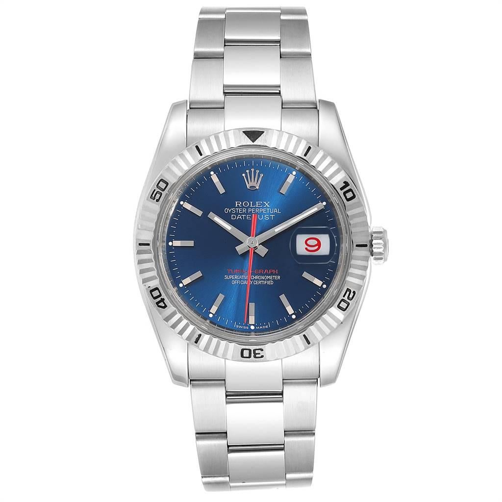 Rolex Datejust Turnograph Blue Dial Oyster Bracelet Mens Watch 116264. Officially certified chronometer self-winding movement. Stainless steel case 36.0 mm in diameter. Rolex logo on a crown. 18k white gold fluted bidirectional rotating turnograph