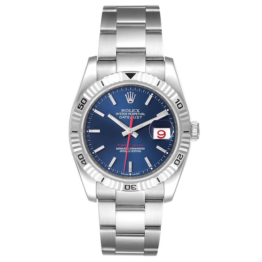 Rolex Datejust Turnograph Blue Dial Oyster Bracelet Steel Mens Watch 116264. Officially certified chronometer self-winding movement. Stainless steel case 36.0 mm in diameter. Rolex logo on a crown. 18k white gold fluted bidirectional rotating