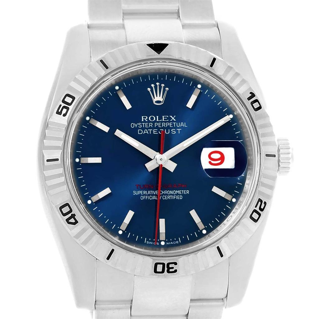 Rolex Datejust Turnograph Blue Dial Steel Mens Watch 116264 Box Card. Officially certified chronometer self-winding movement with quickset date function. Stainless steel case 36.0 mm in diameter. Rolex logo on a crown. 18k white gold fluted