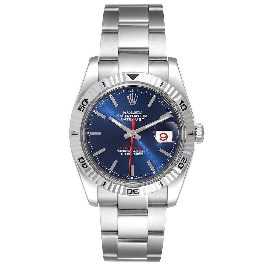 Rolex Datejust Turnograph Blue Dial Steel Mens Watch 116264 Box Card. Officially certified chronometer self-winding movement. Stainless steel case 36.0 mm in diameter. Rolex logo on a crown. 18k white gold fluted bidirectional rotating turnograph