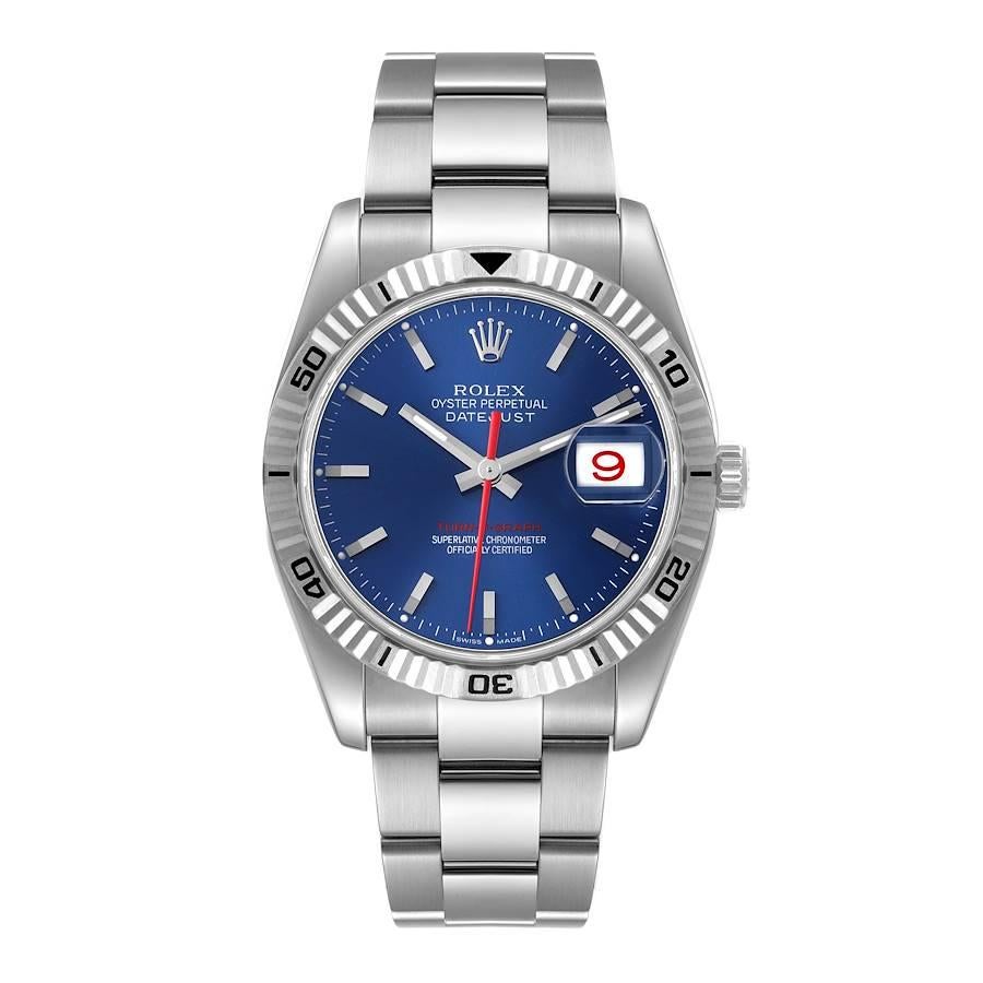 Rolex Datejust Turnograph Blue Dial Steel Mens Watch 116264 Box. Officially certified chronometer self-winding movement. Stainless steel case 36.0 mm in diameter. Rolex logo on a crown. 18k white gold fluted bidirectional rotating turnograph bezel.